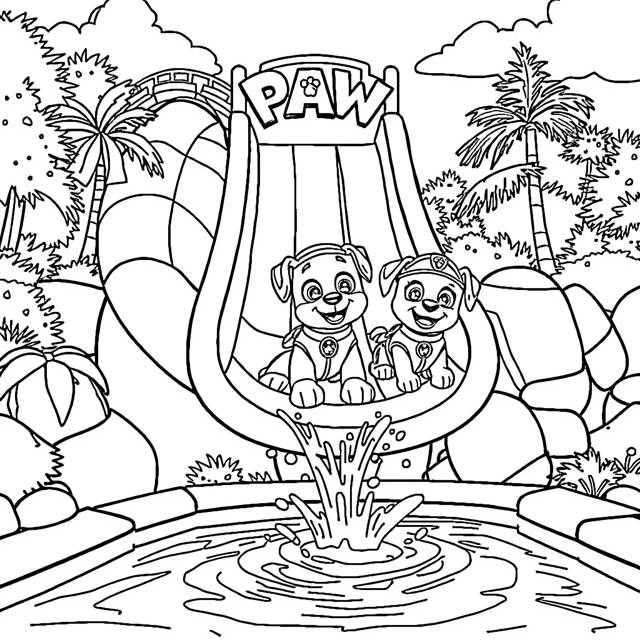 Paw Patrol characters having fun in tropical setting Coloring Page (free black-and-white line drawing printable PDF for all, from beginners to advanced learners, including children, teens, adults, and seniors)
