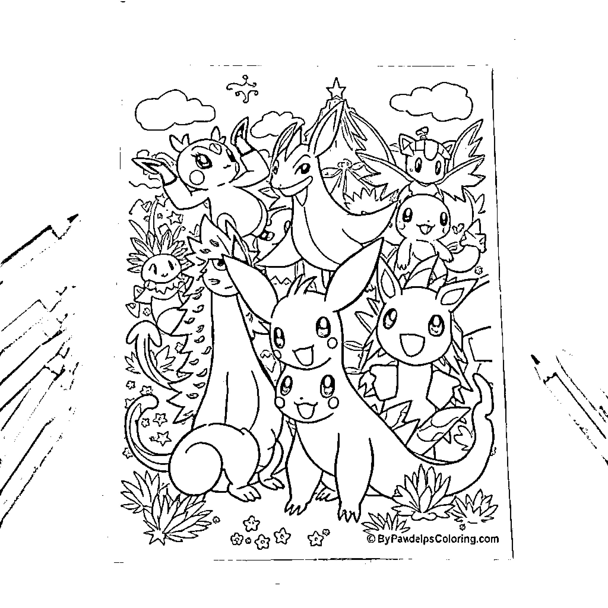Pokémon characters in a whimsical fantasy landscape Coloring Page (free black-and-white line drawing printable PDF for all, from beginners to advanced learners, including children, teens, adults, and seniors)
