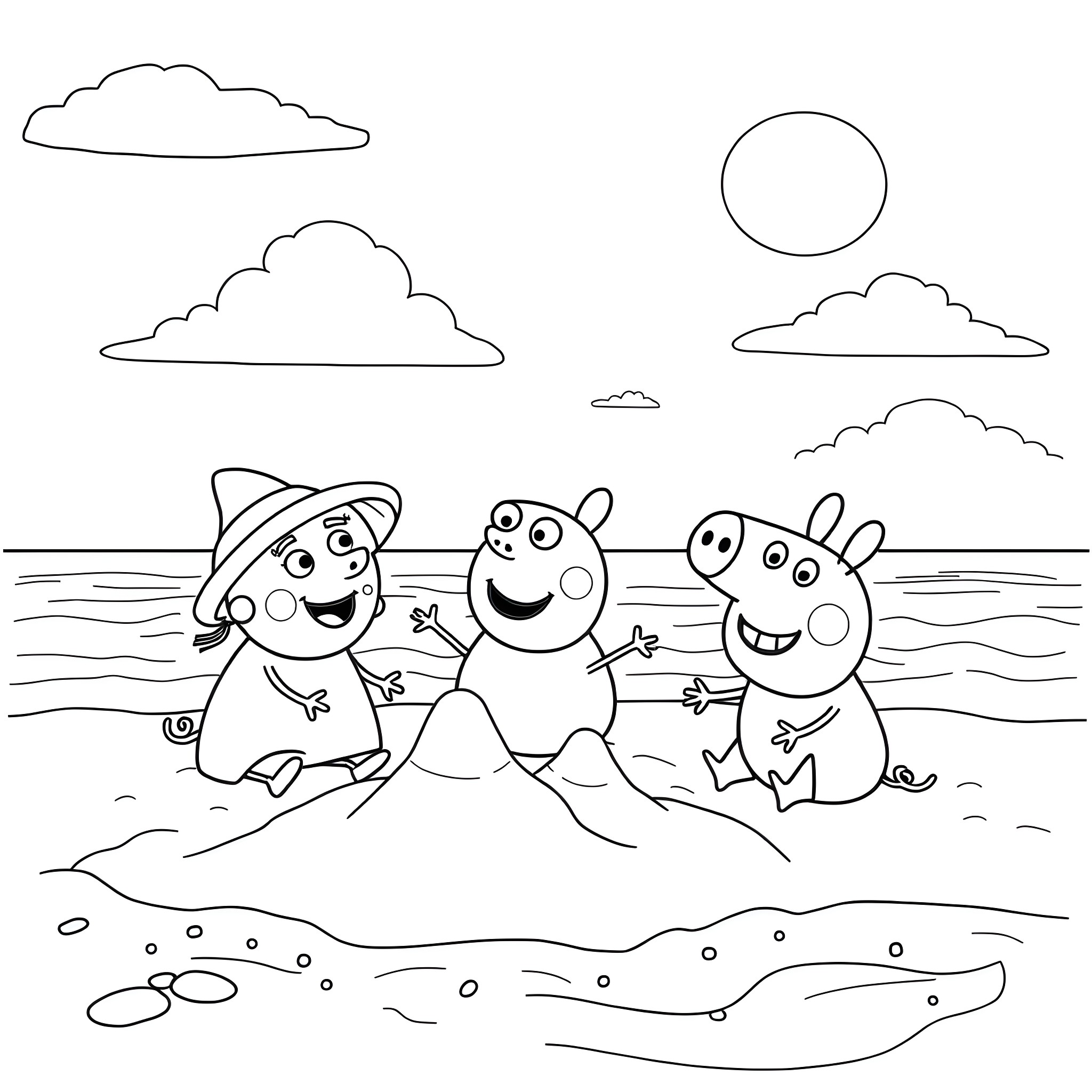 JJ Friends Enjoying the Beach Coloring Page (free black-and-white line drawing printable PDF for all, from beginners to advanced learners, including children, teens, adults, and seniors)