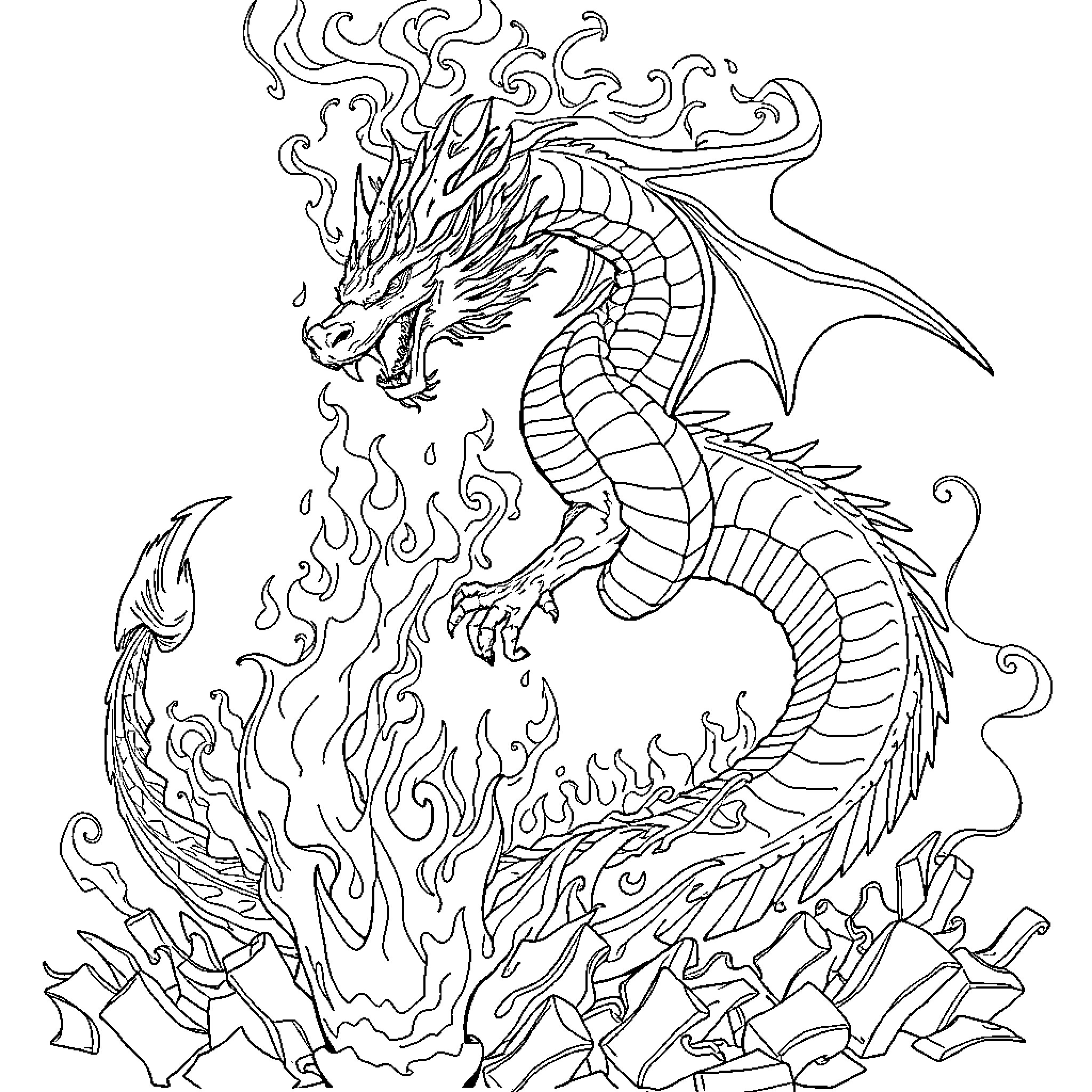 Dragon Unleashing Powerful Flames in Dramatic Pose Coloring Page (free black-and-white line drawing printable PDF for all, from beginners to advanced learners, including children, teens, adults, and seniors)