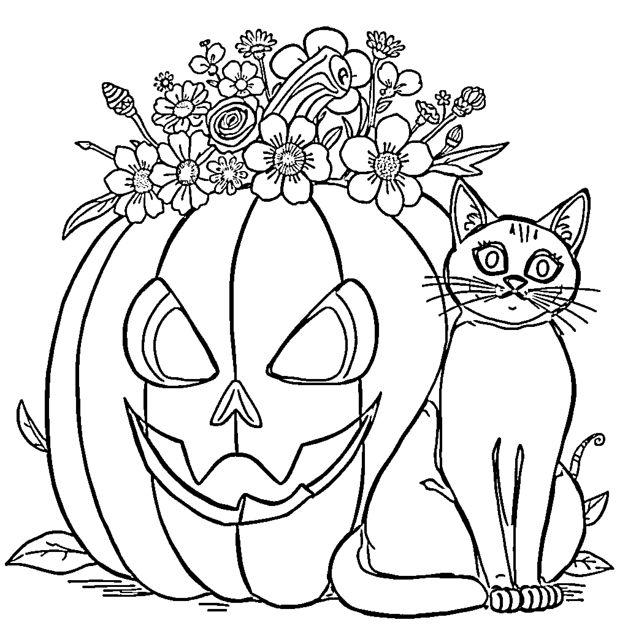 Pumpkin with Halloween flowers and curious cat Coloring Page (free black-and-white line drawing printable PDF for all, from beginners to advanced learners, including children, teens, adults, and seniors)
