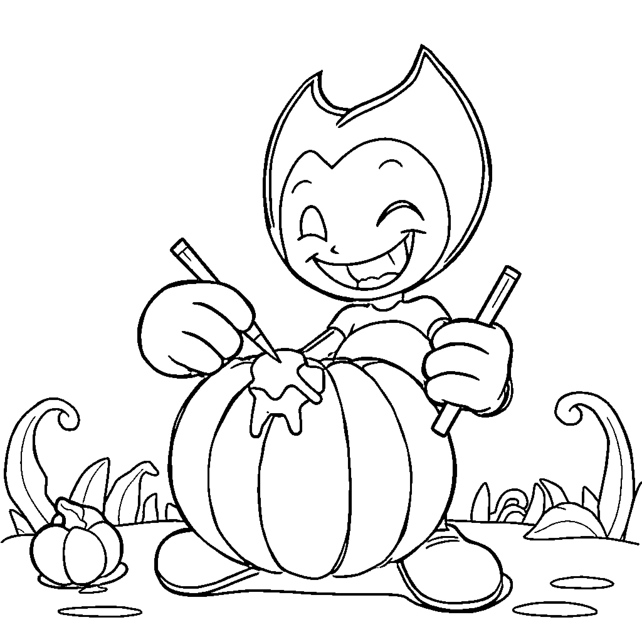 Bendy character carving pumpkins in the garden Coloring Page (free black-and-white line drawing printable PDF for all, from beginners to advanced learners, including children, teens, adults, and seniors)