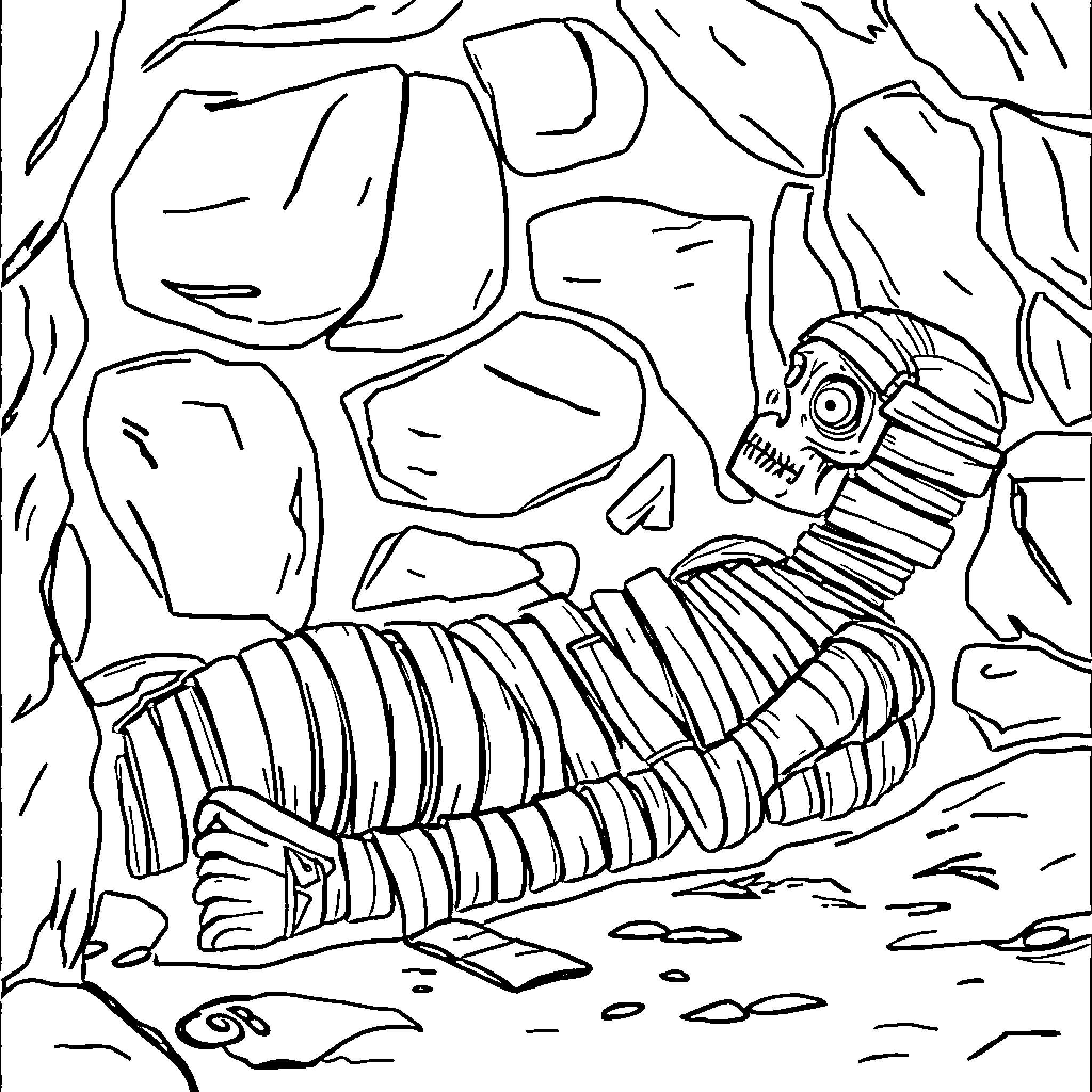 Mummy resting in the ancient ruins Coloring Page (free black-and-white line drawing printable PDF for all, from beginners to advanced learners, including children, teens, adults, and seniors)