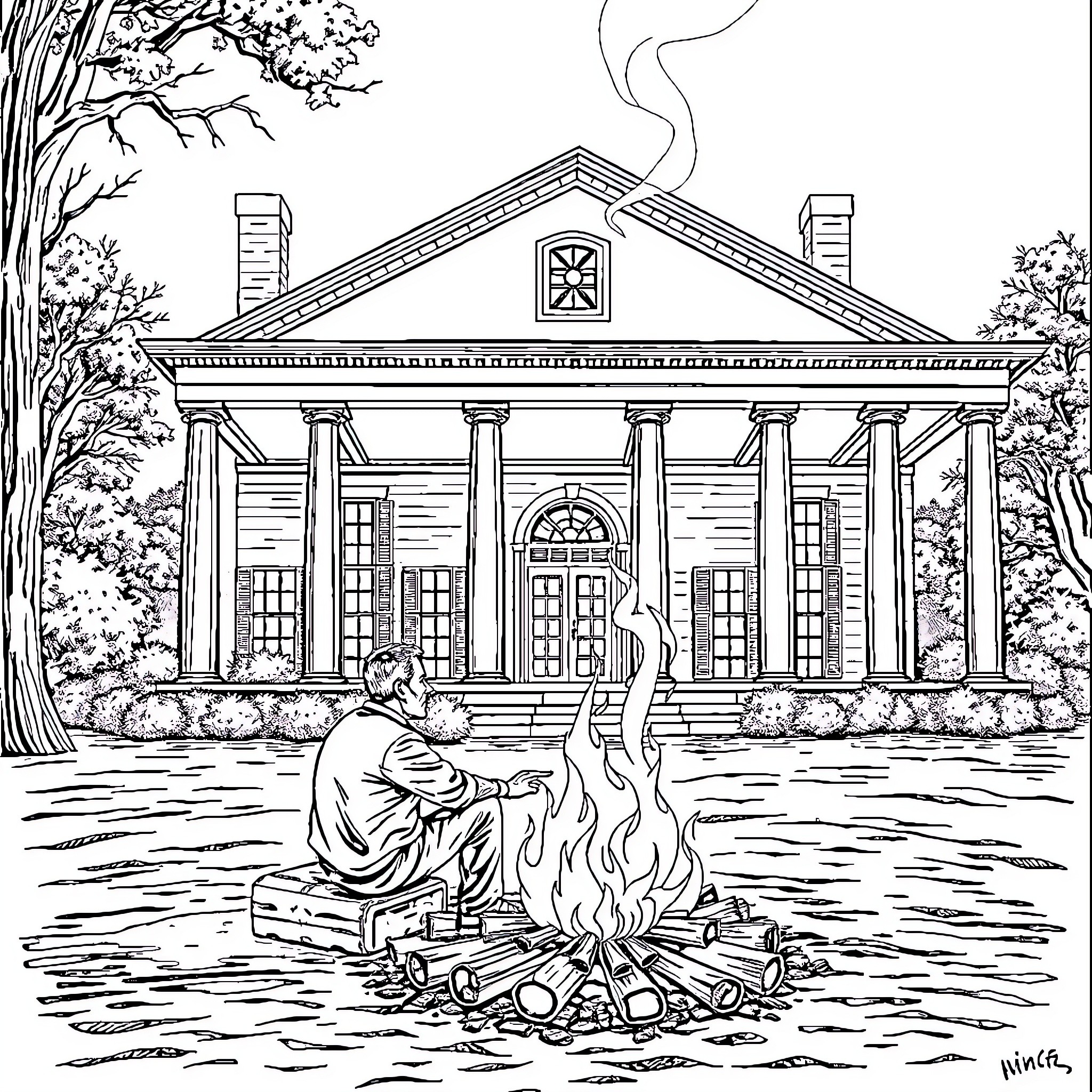 Man relaxing by the campfire in front of an old manor Coloring Page (free black-and-white line drawing printable PDF for all, from beginners to advanced learners, including children, teens, adults, and seniors)