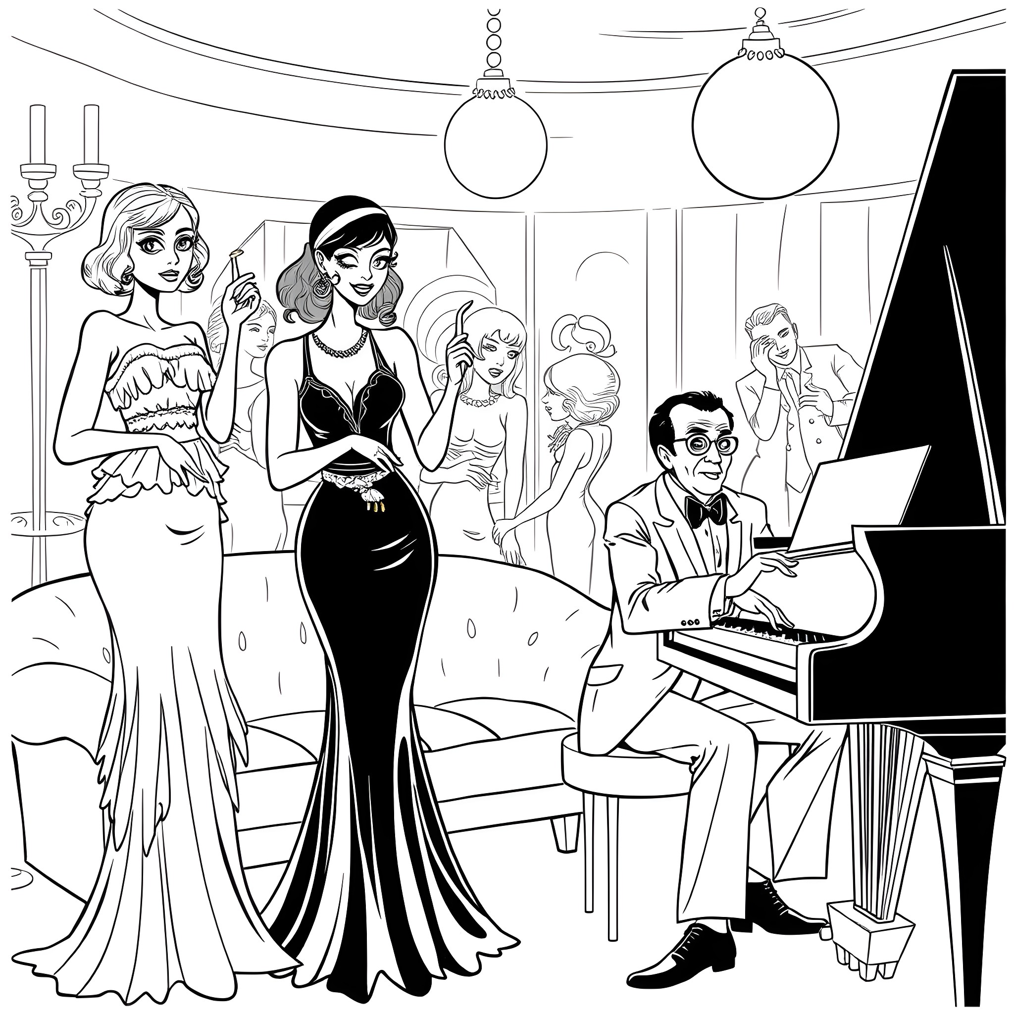 Party with Glamorous Guests and Lively Entertainment Coloring Page (free black-and-white line drawing printable PDF for all, from beginners to advanced learners, including children, teens, adults, and seniors)