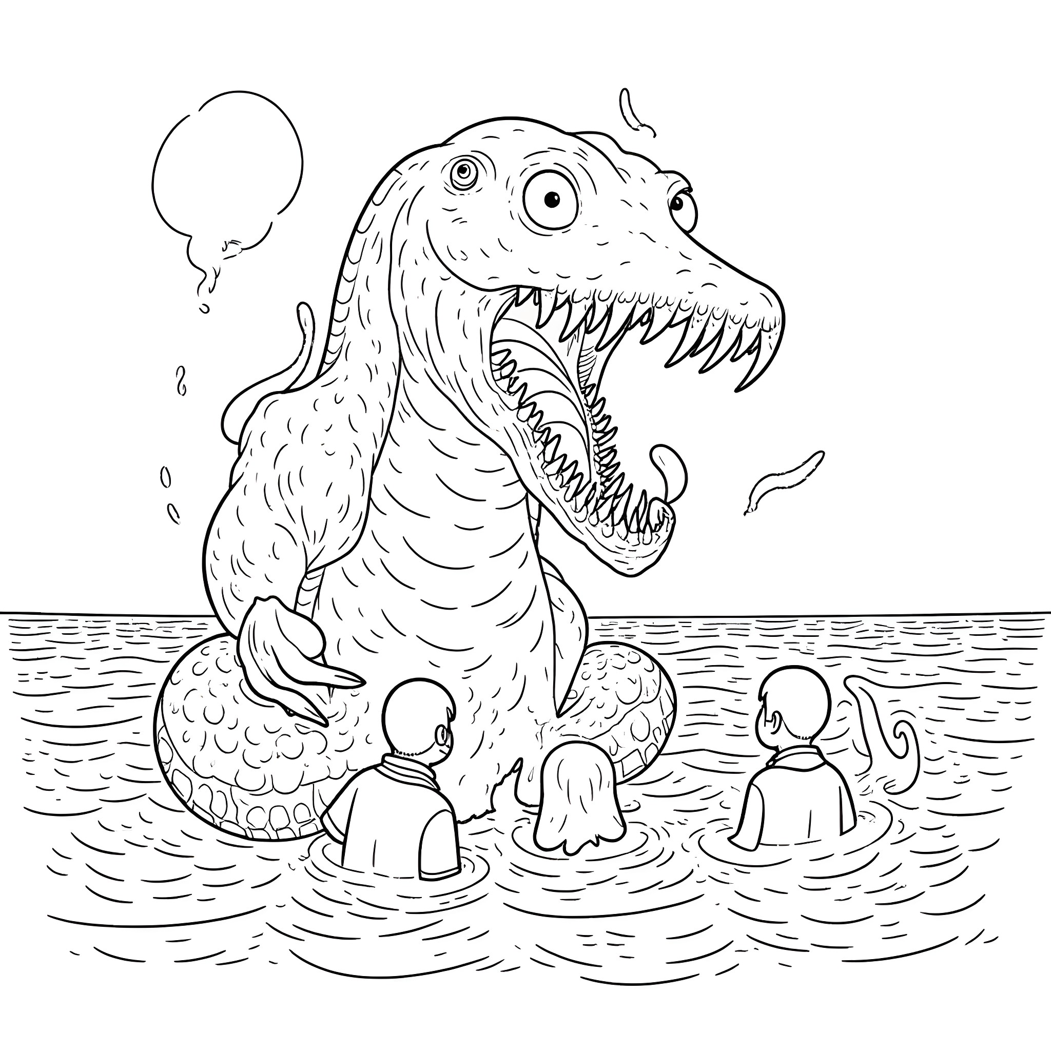 Kraken terrorizing swimmers in the ocean Coloring Page (free black-and-white line drawing printable PDF for all, from beginners to advanced learners, including children, teens, adults, and seniors)