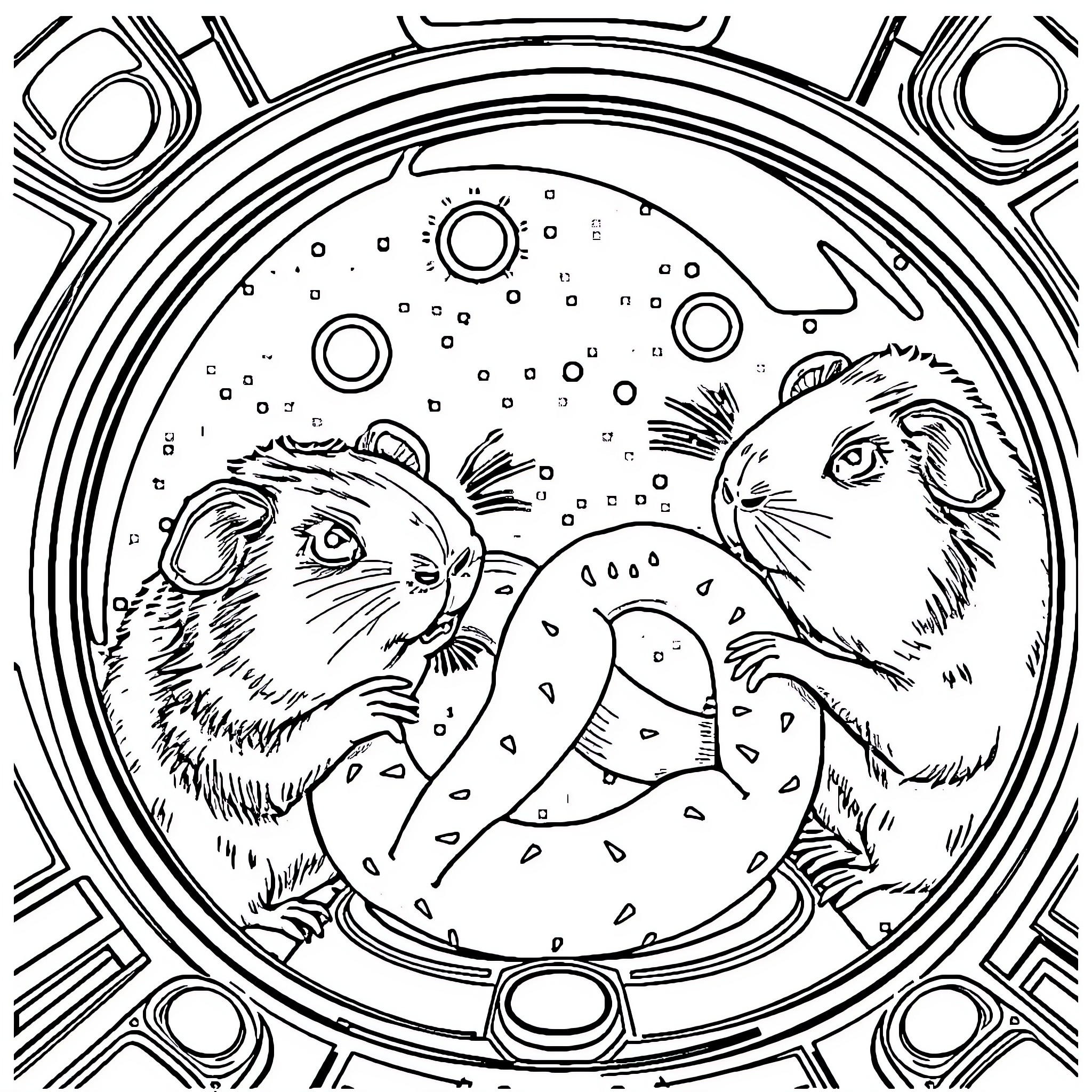 Guinea Pig Exploring a Cosmic Wonderland Coloring Page (free black-and-white line drawing printable PDF for all, from beginners to advanced learners, including children, teens, adults, and seniors)