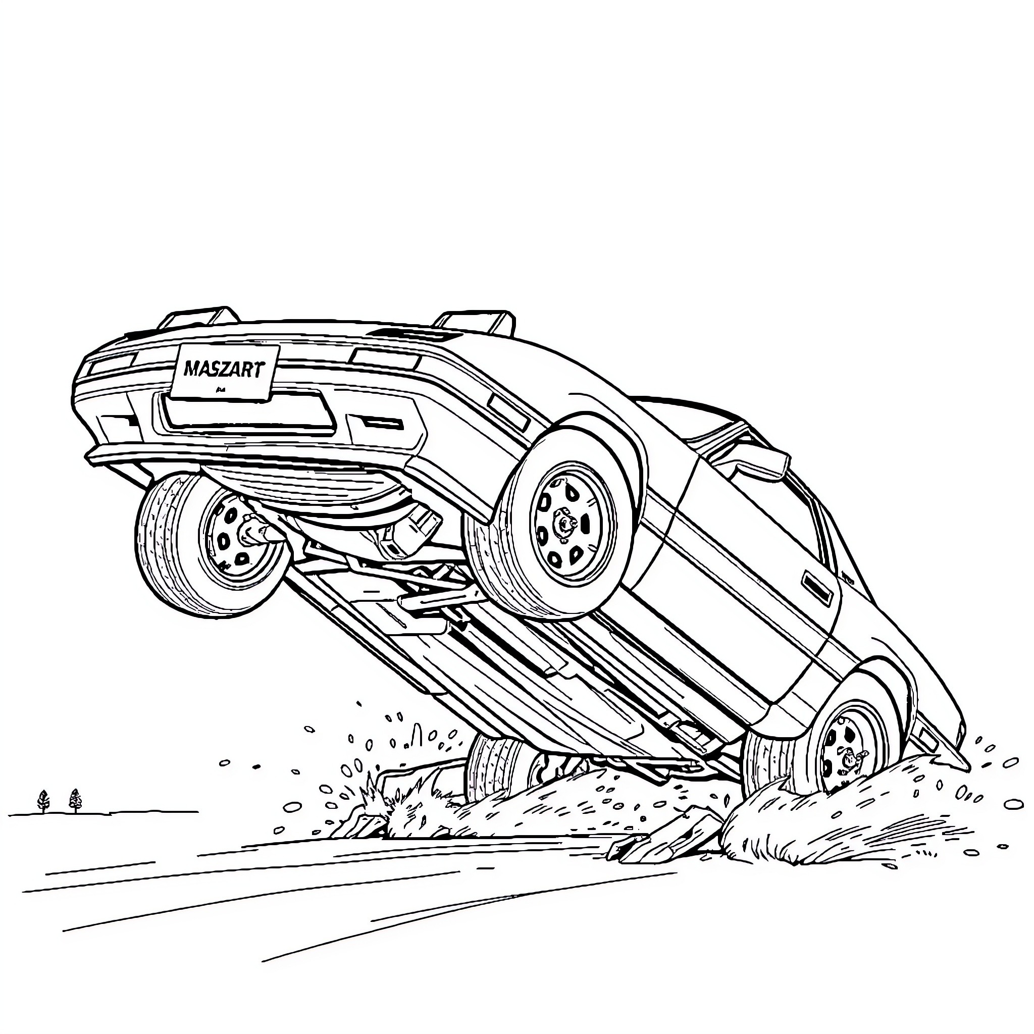 Mazda Rx7 speeding over rough terrain Coloring Page (free black-and-white line drawing printable PDF for all, from beginners to advanced learners, including children, teens, adults, and seniors)