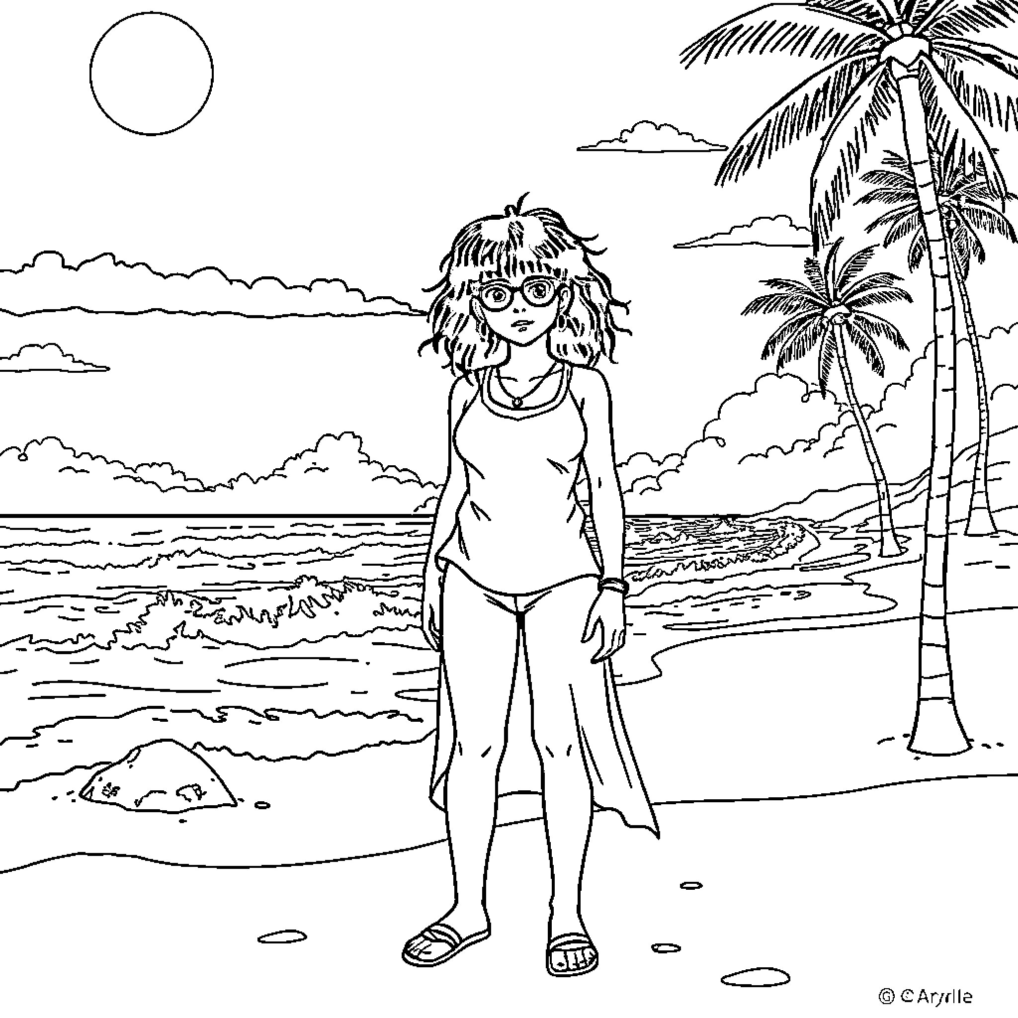 Vecna enjoying a sunny day on the beach Coloring Page (free black-and-white line drawing printable PDF for all, from beginners to advanced learners, including children, teens, adults, and seniors)