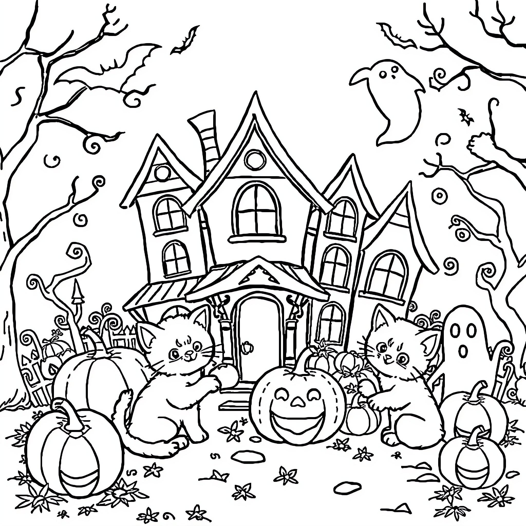 Kittens playing in a haunted house on Halloween Coloring Page (free black-and-white line drawing printable PDF for all, from beginners to advanced learners, including children, teens, adults, and seniors)