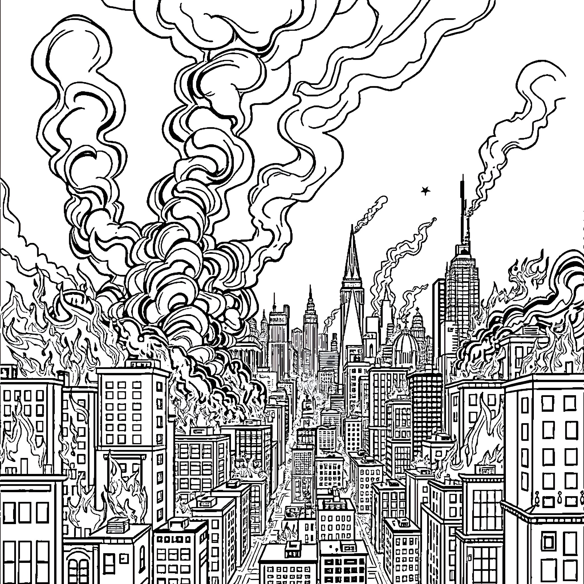 City in chaos with swirling clouds and skyscrapers Coloring Page (free black-and-white line drawing printable PDF for all, from beginners to advanced learners, including children, teens, adults, and seniors)