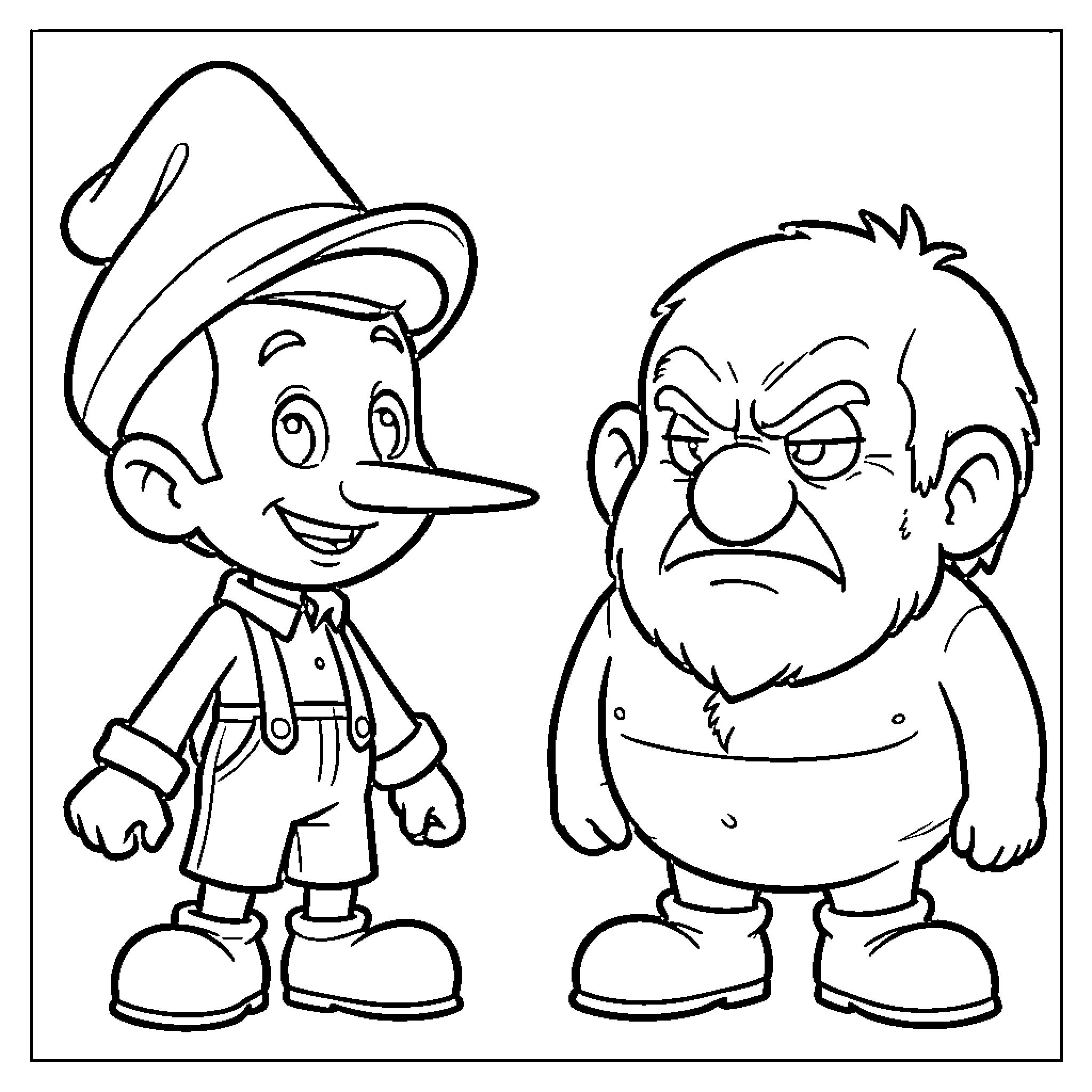 Cabezudos with long noses and funny facial expressions Coloring Page (free black-and-white line drawing printable PDF for all, from beginners to advanced learners, including children, teens, adults, and seniors)