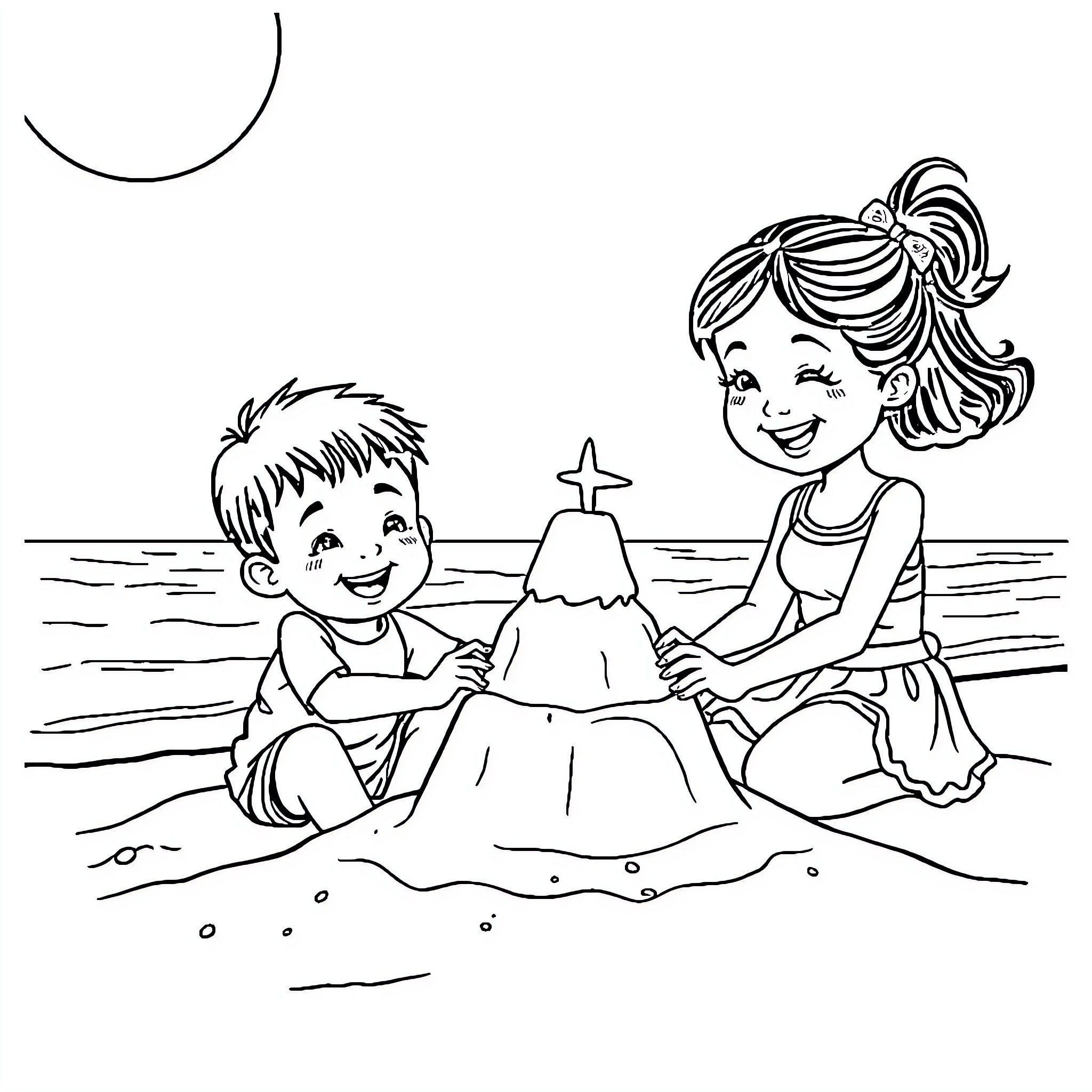 Kid building sandcastle with friend on beach Coloring Page (free black-and-white line drawing printable PDF for all, from beginners to advanced learners, including children, teens, adults, and seniors)