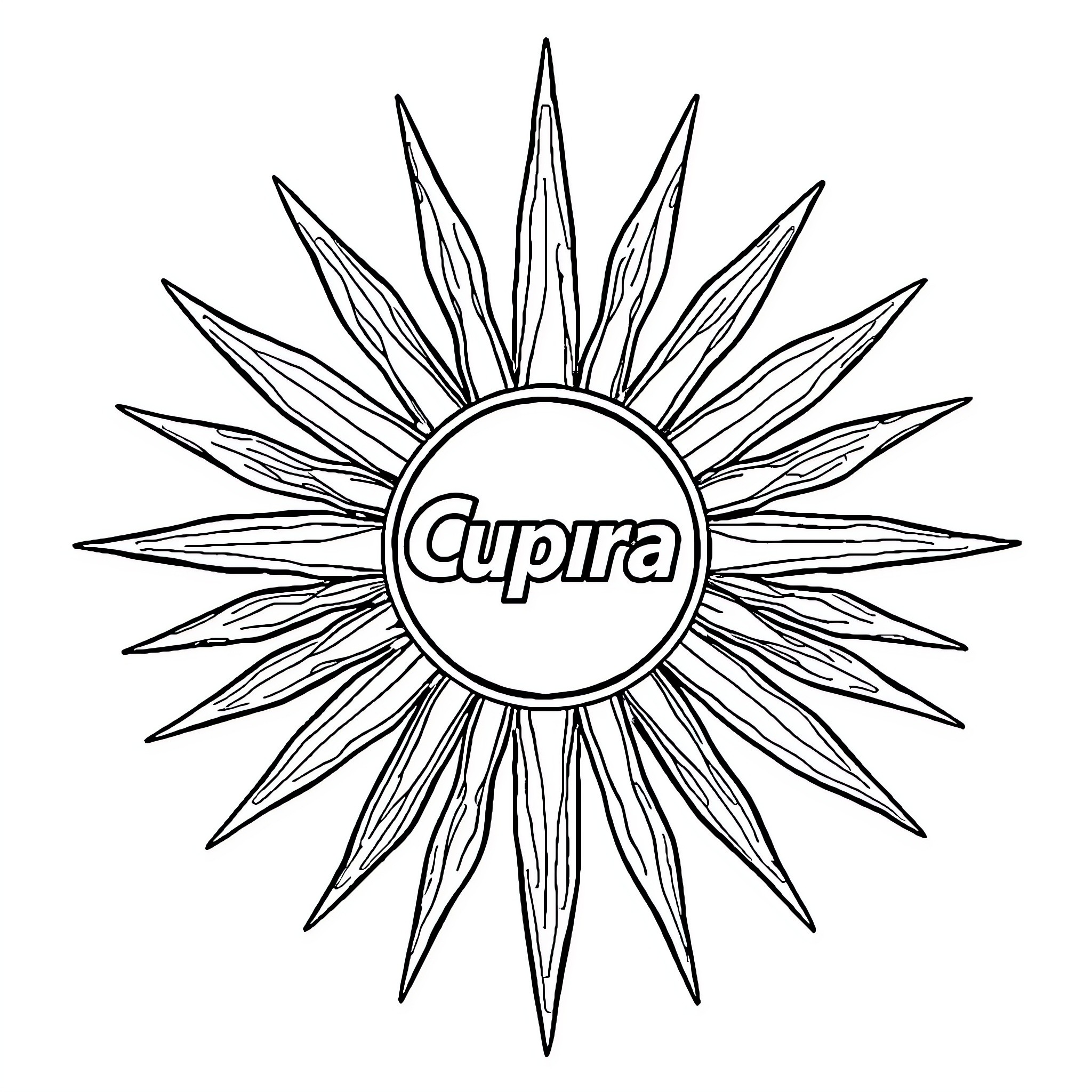 Sun-shaped Cupira logo design Coloring Page (free black-and-white line drawing printable PDF for all, from beginners to advanced learners, including children, teens, adults, and seniors)