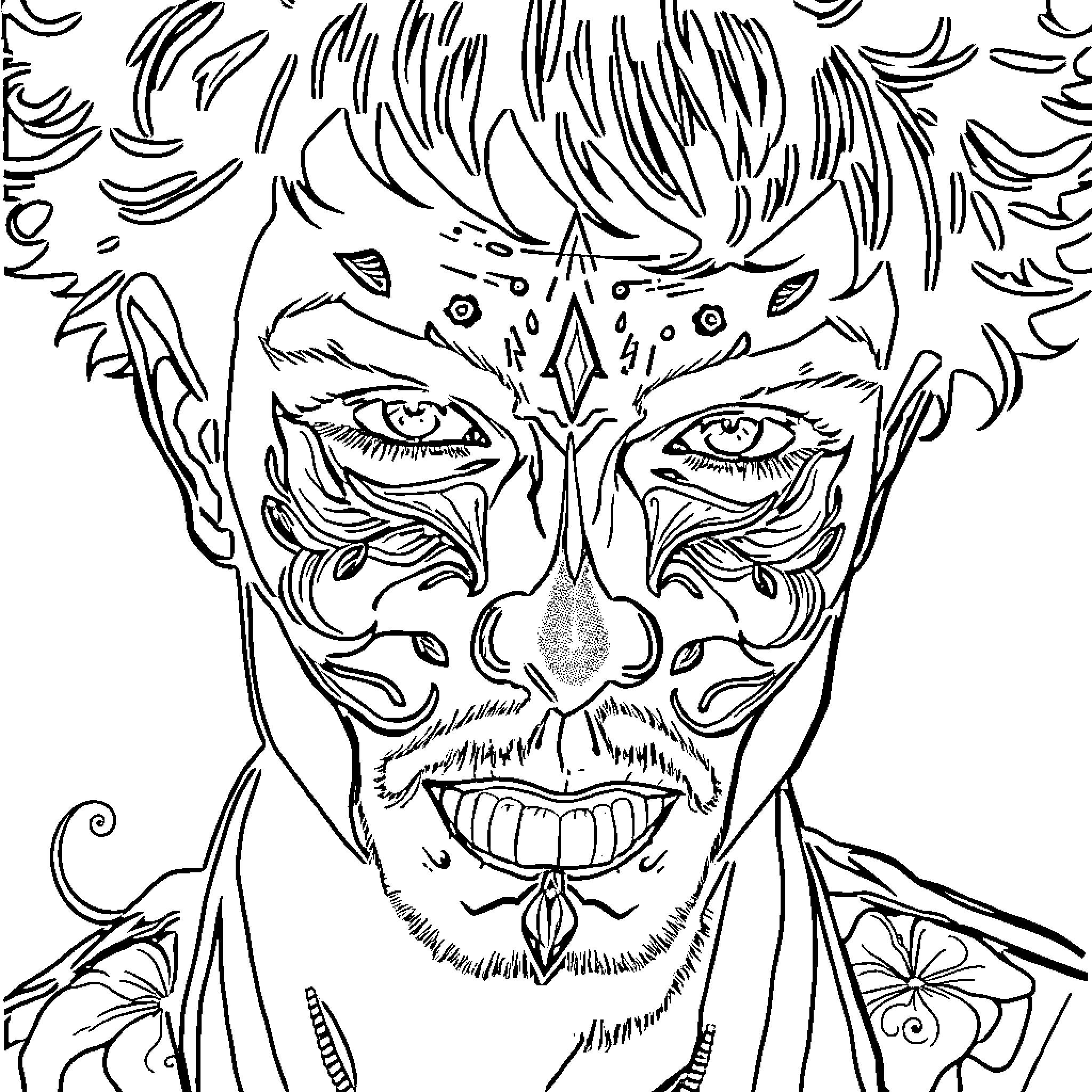 Tattoo depicting a dramatic face with intricate designs Coloring Page (free black-and-white line drawing printable PDF for all, from beginners to advanced learners, including children, teens, adults, and seniors)