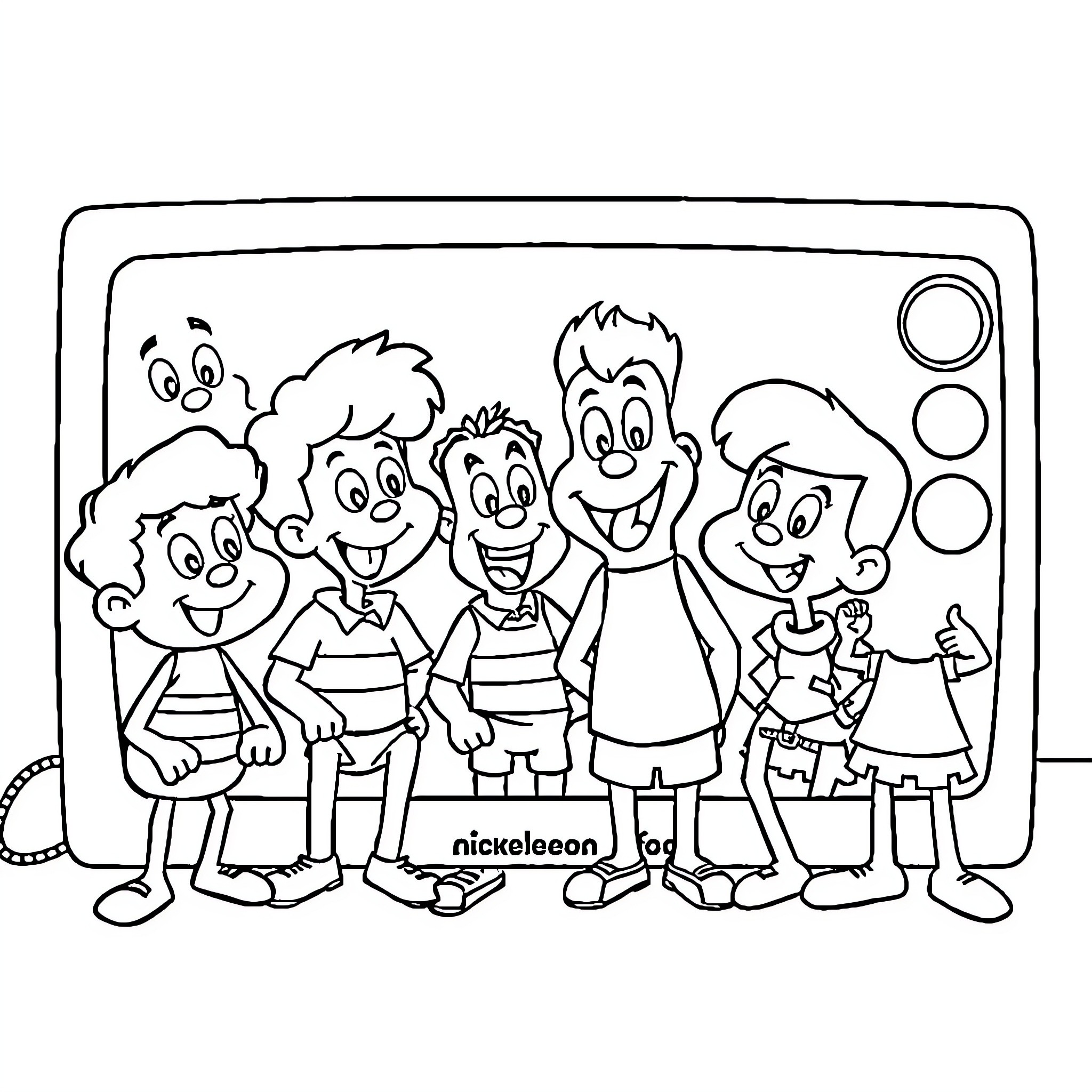 Nick and Friends Posing Happily Coloring Page (free black-and-white line drawing printable PDF for all, from beginners to advanced learners, including children, teens, adults, and seniors)