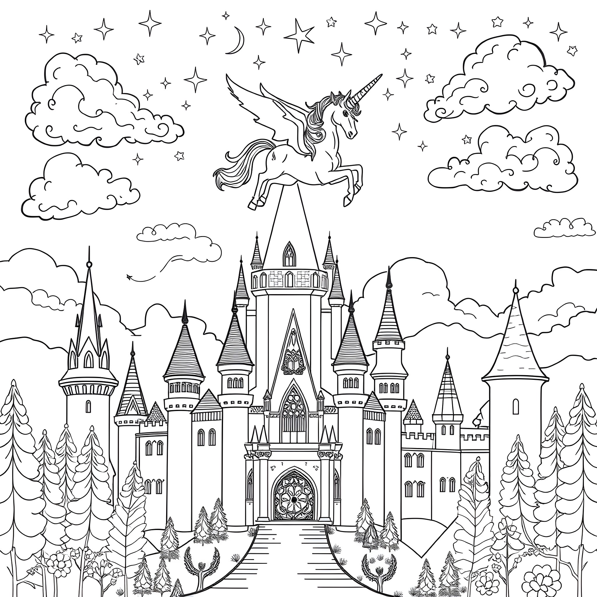 Palace of Magical Unicorn in Enchanted Landscape Coloring Page (free black-and-white line drawing printable PDF for all, from beginners to advanced learners, including children, teens, adults, and seniors)