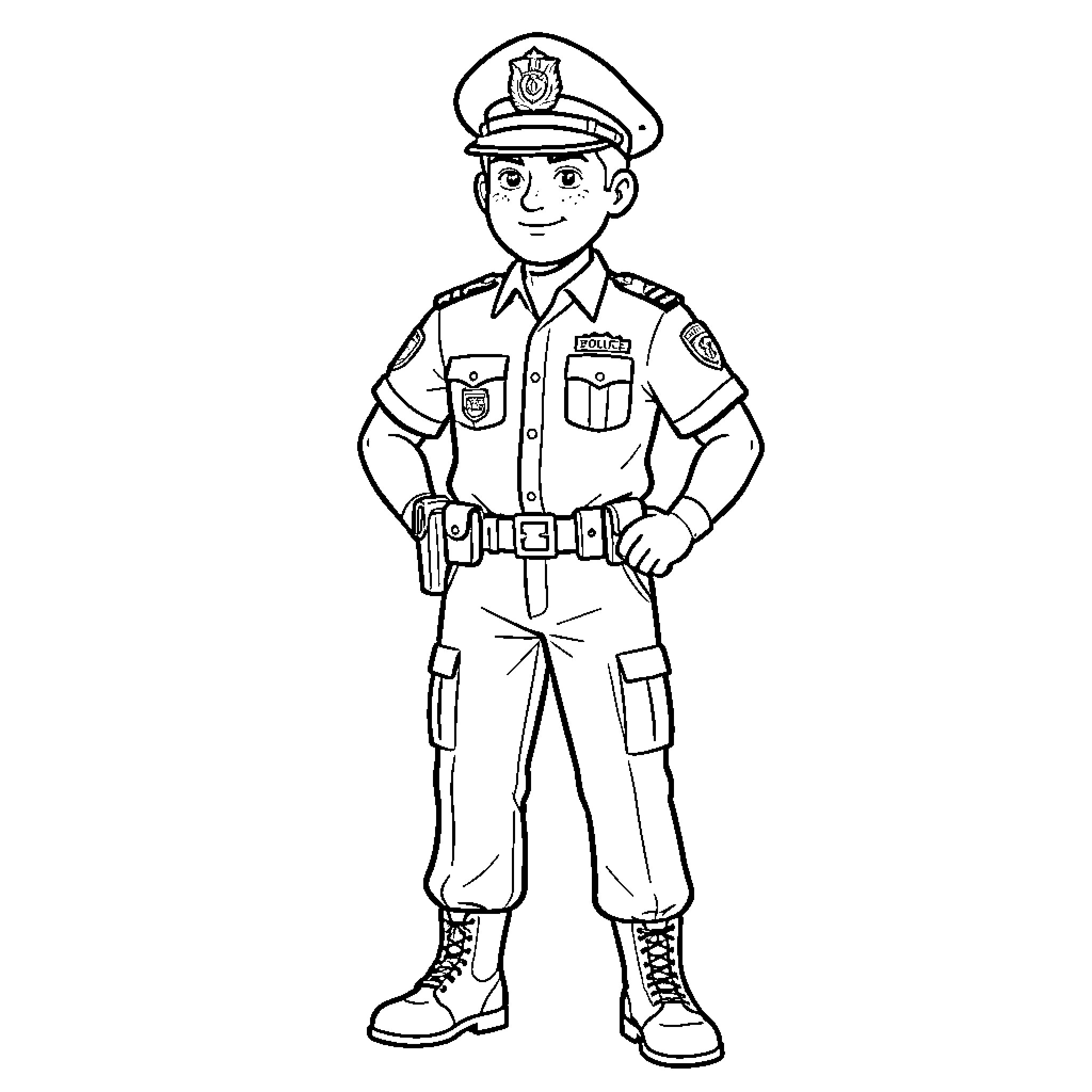 Police Officer in Uniform with Confident Posture Coloring Page (free black-and-white line drawing printable PDF for all, from beginners to advanced learners, including children, teens, adults, and seniors)