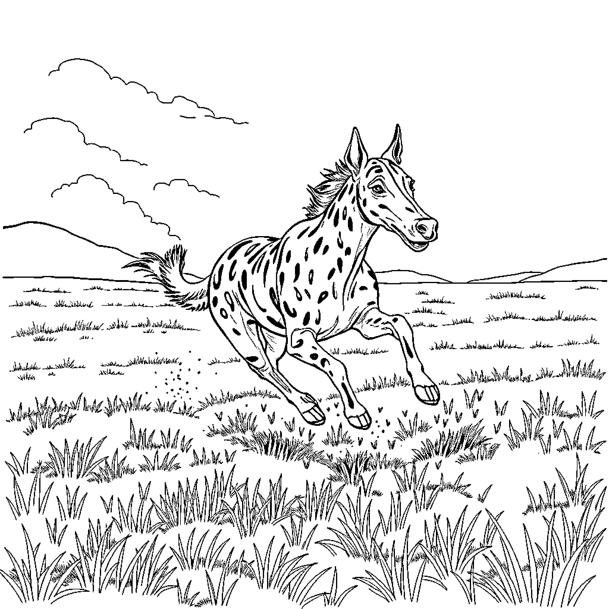 Galgo running gracefully through the meadow Coloring Page (free black-and-white line drawing printable PDF for all, from beginners to advanced learners, including children, teens, adults, and seniors)