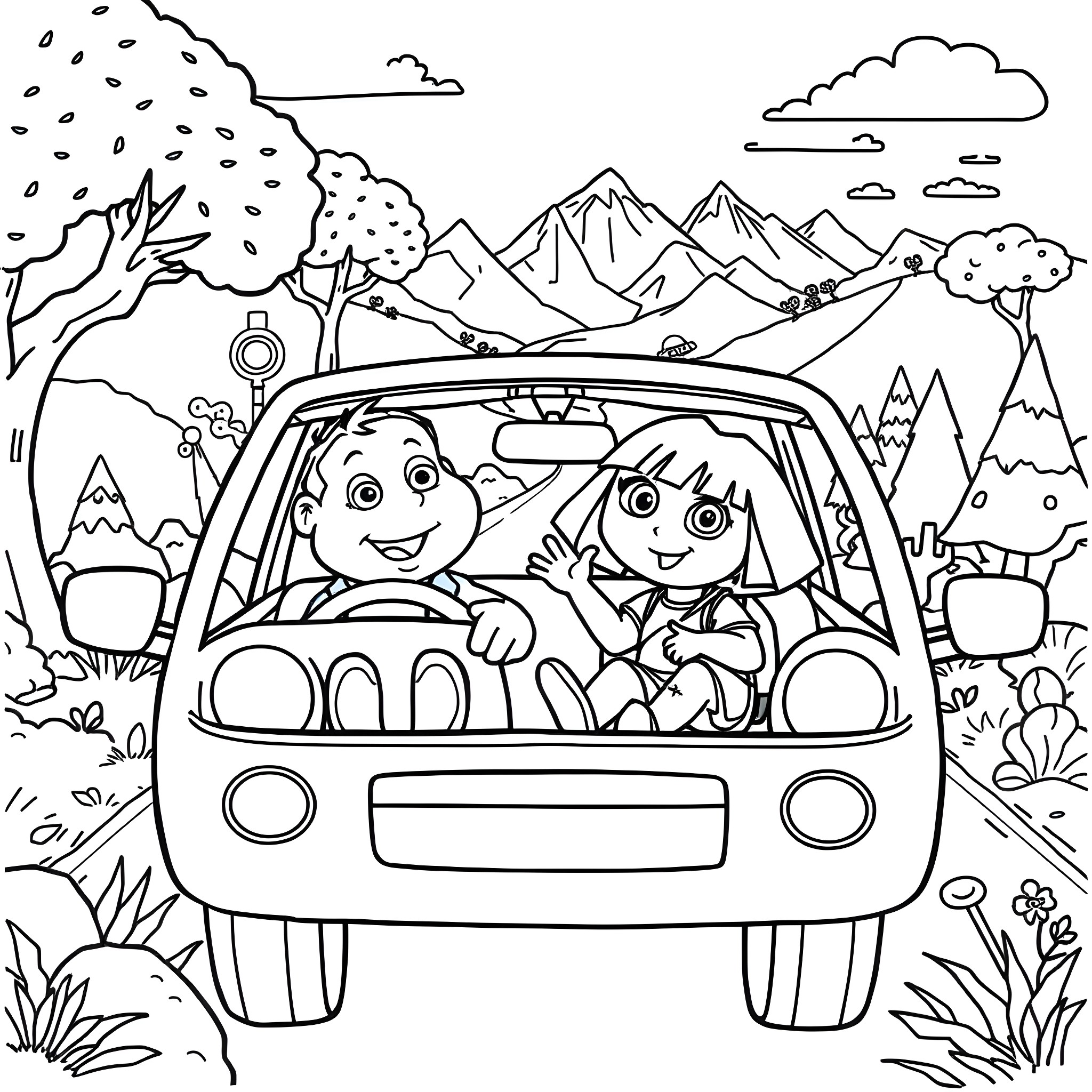 Car Ride Through Scenic Mountain Landscape Coloring Page (free black-and-white line drawing printable PDF for all, from beginners to advanced learners, including children, teens, adults, and seniors)