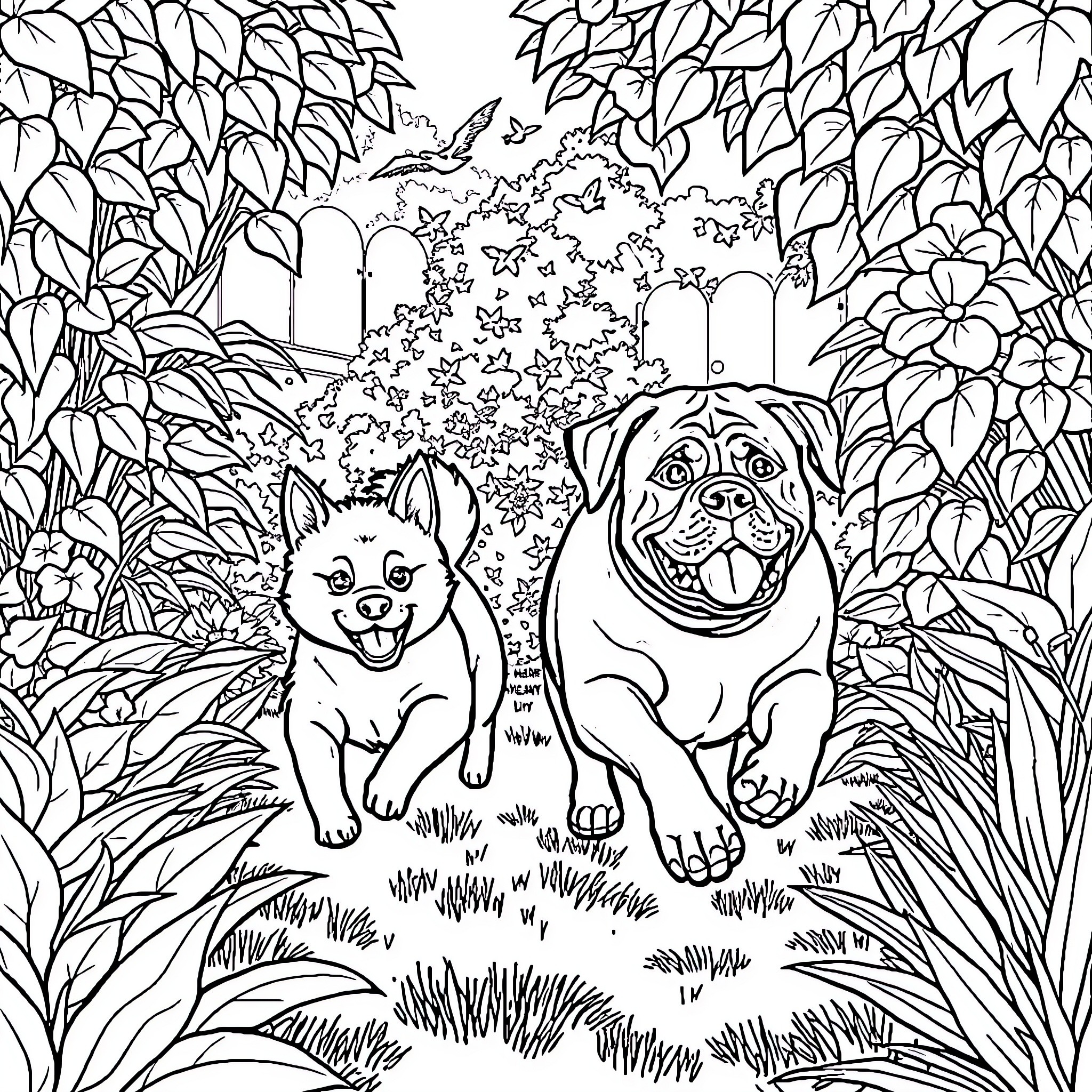Dog playing happily in a garden Coloring Page (free black-and-white line drawing printable PDF for all, from beginners to advanced learners, including children, teens, adults, and seniors)