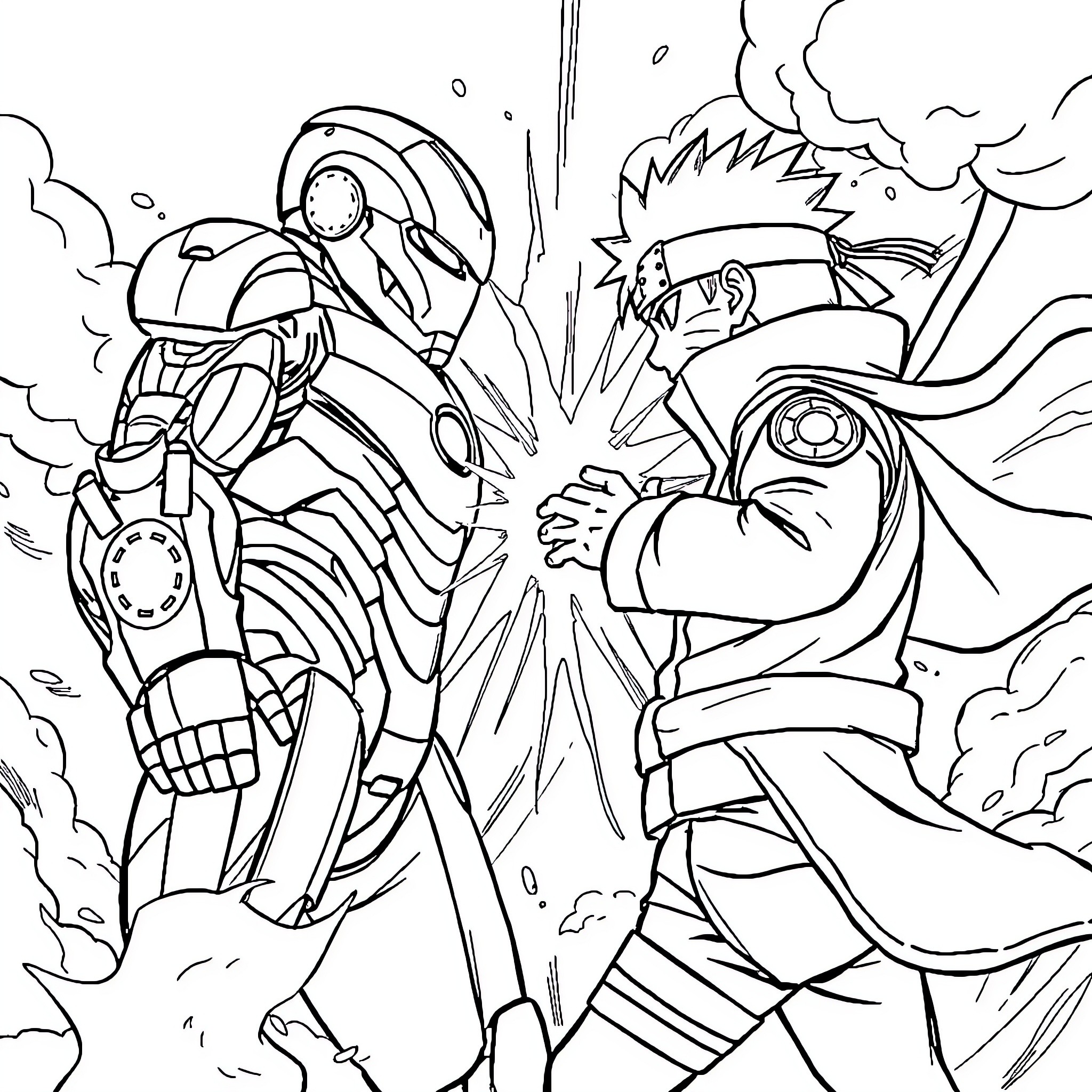 Iron Man Battles Fierce Ninja Warrior Coloring Page (free black-and-white line drawing printable PDF for all, from beginners to advanced learners, including children, teens, adults, and seniors)
