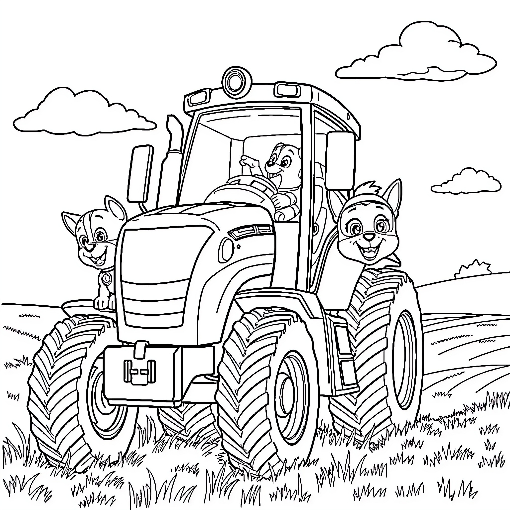 Paw Patrol Pups Helping on the Farm Coloring Page (free black-and-white line drawing printable PDF for all, from beginners to advanced learners, including children, teens, adults, and seniors)