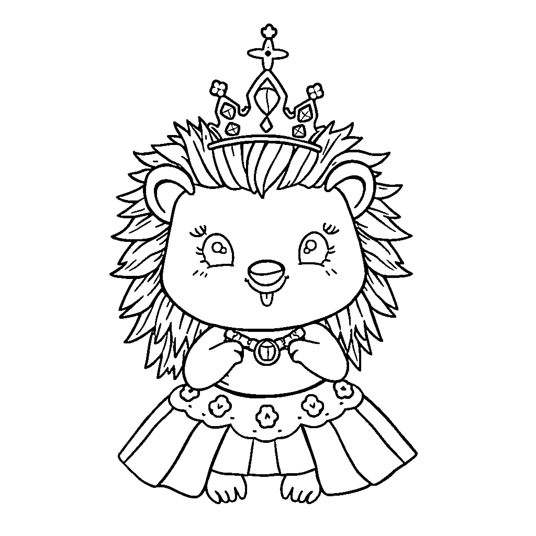 Hedgehog wearing a royal crown and costume Coloring Page (free black-and-white line drawing printable PDF for all, from beginners to advanced learners, including children, teens, adults, and seniors)