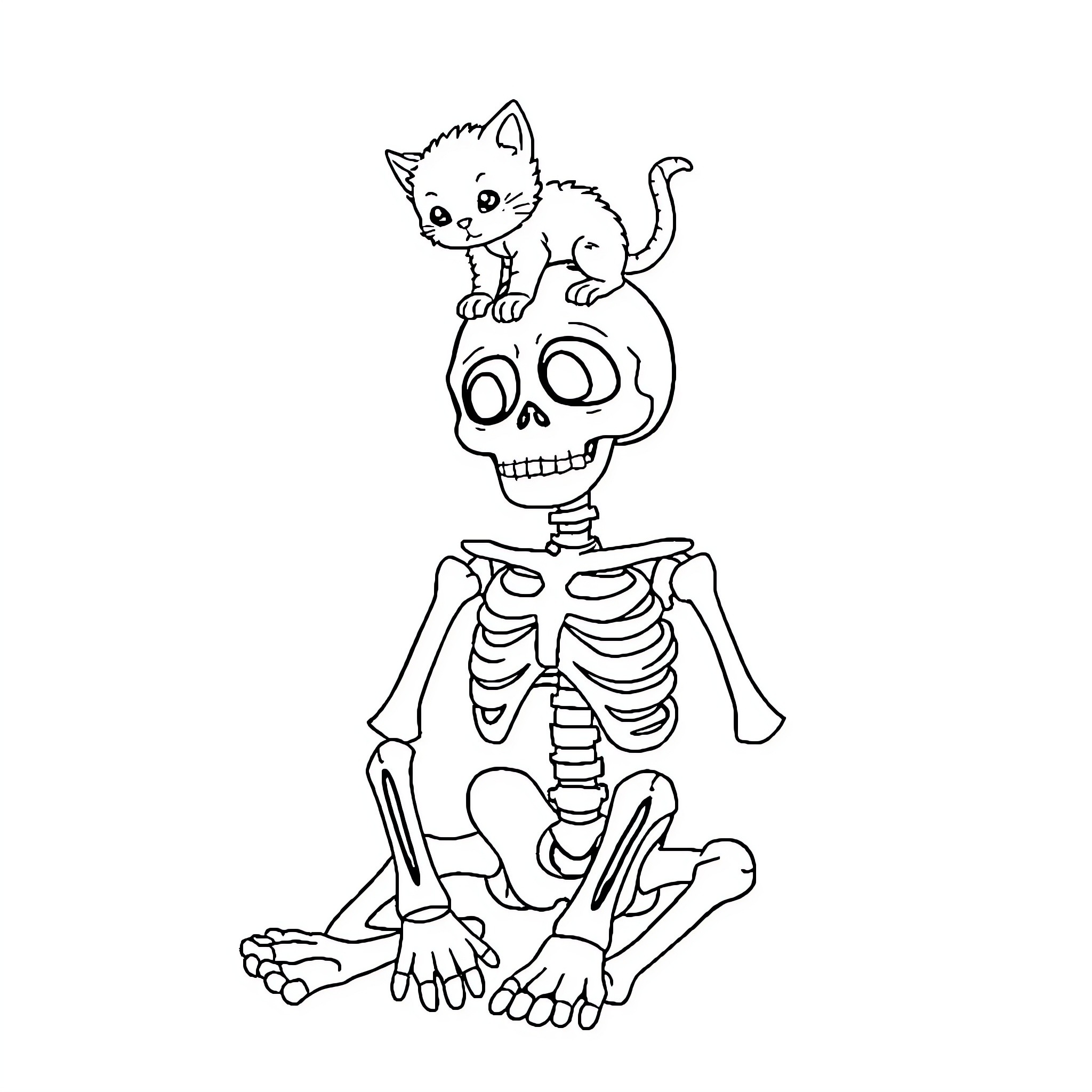Skeleton with a Curious Cat Companion Coloring Page (free black-and-white line drawing printable PDF for all, from beginners to advanced learners, including children, teens, adults, and seniors)
