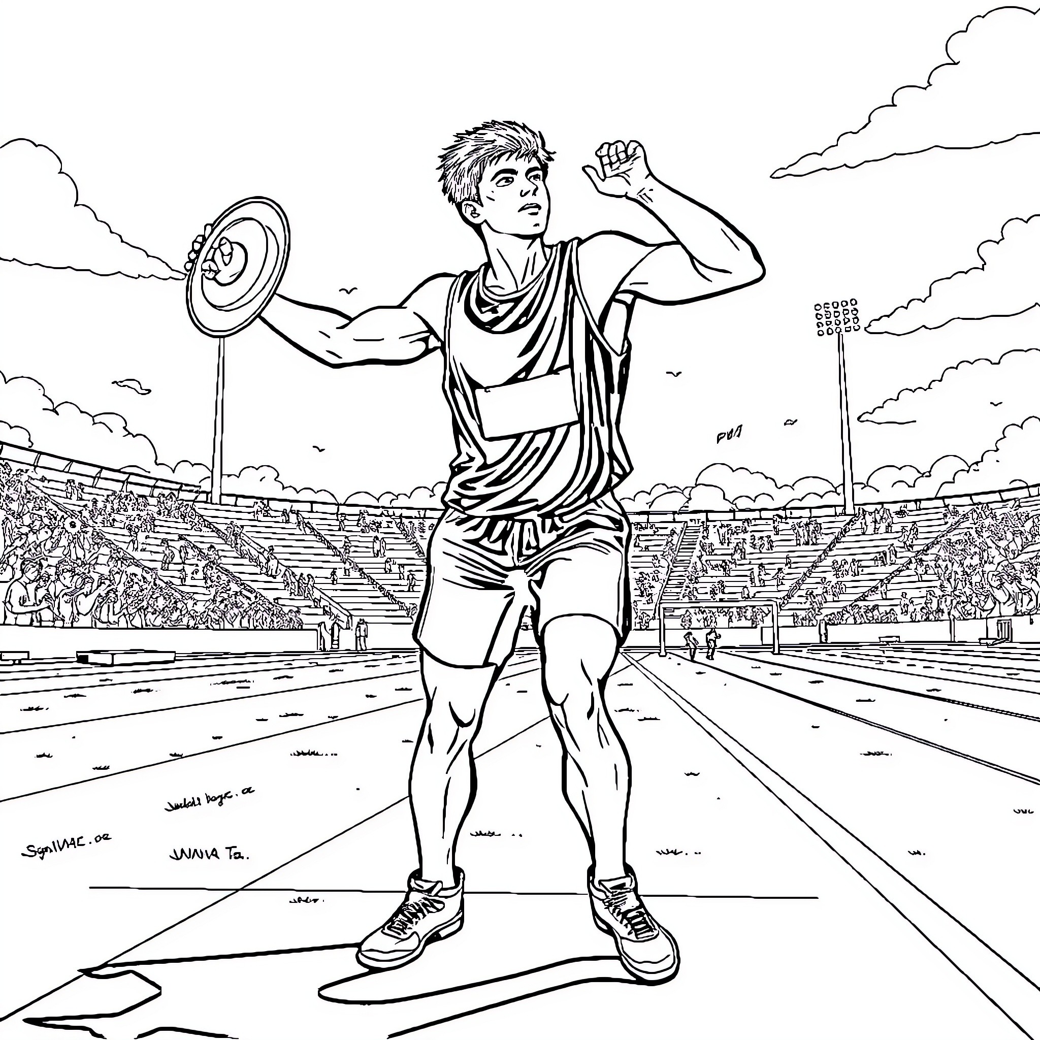 Athlete celebrating victory in stadium Coloring Page (free black-and-white line drawing printable PDF for all, from beginners to advanced learners, including children, teens, adults, and seniors)