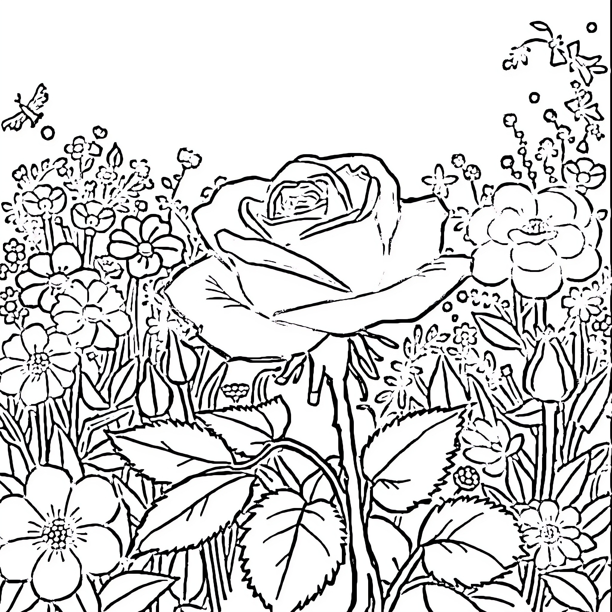 Rose Garden Blooming with Vibrant Flowers Coloring Page (free black-and-white line drawing printable PDF for all, from beginners to advanced learners, including children, teens, adults, and seniors)