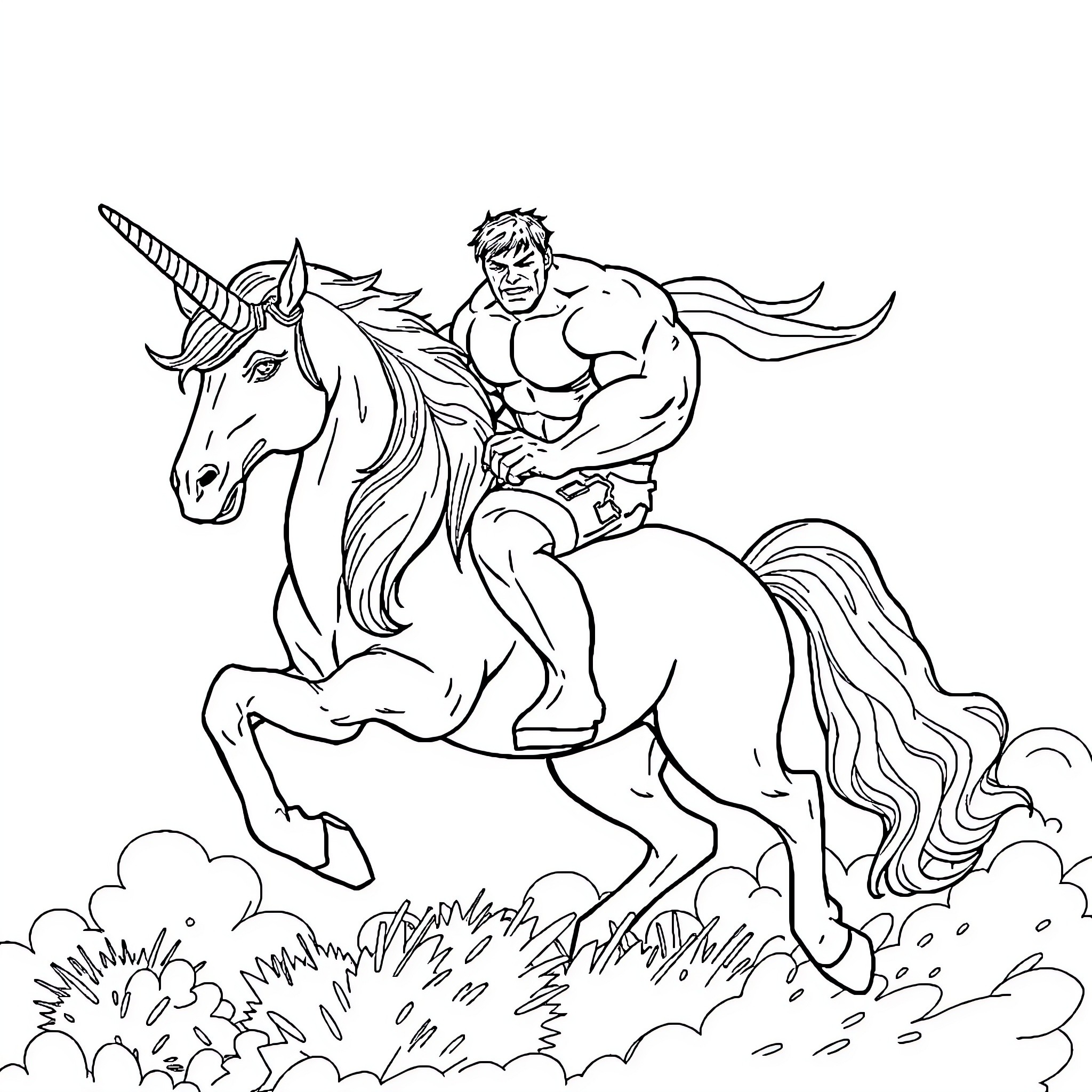 Hulk riding a majestic unicorn in an enchanted forest Coloring Page (free black-and-white line drawing printable PDF for all, from beginners to advanced learners, including children, teens, adults, and seniors)