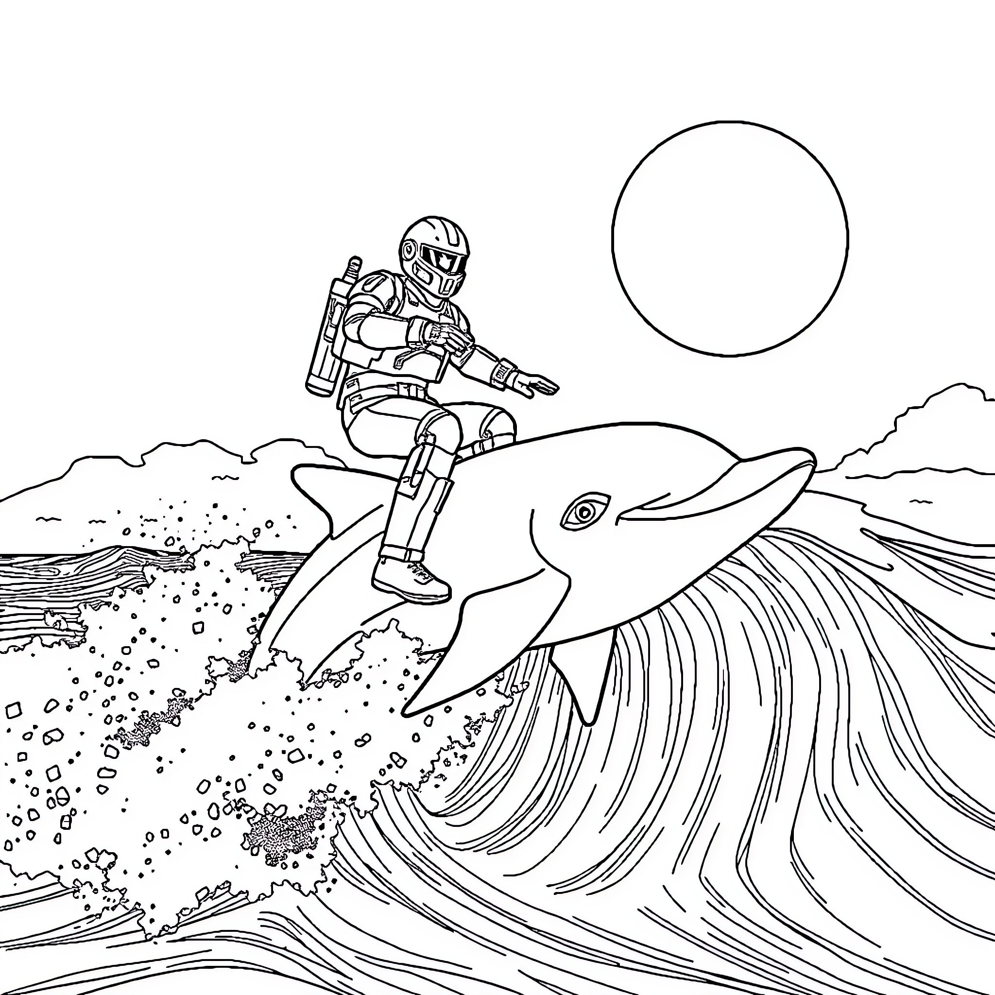Power Armor Rider Surfing Giant Aquatic Creature Coloring Page (free black-and-white line drawing printable PDF for all, from beginners to advanced learners, including children, teens, adults, and seniors)