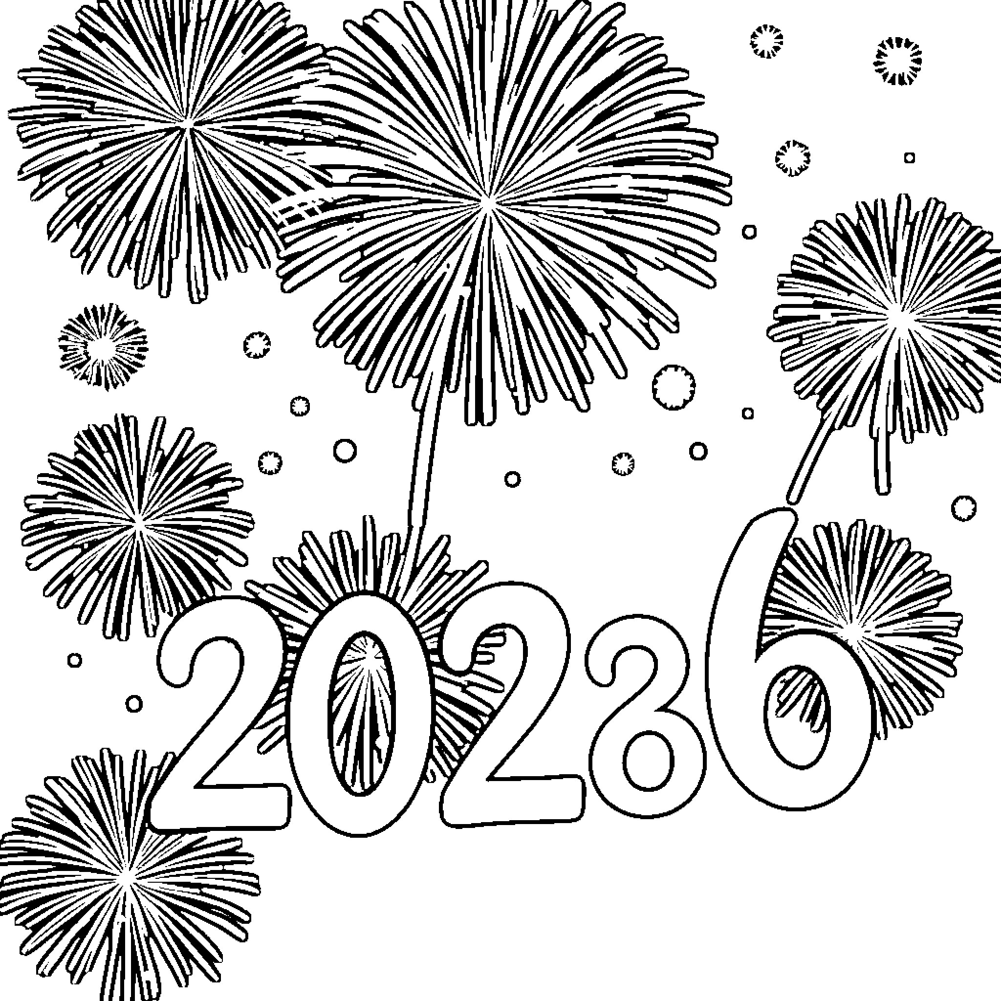 Happy New Year 2023 with Fireworks Coloring Page (free black-and-white line drawing printable PDF for all, from beginners to advanced learners, including children, teens, adults, and seniors)