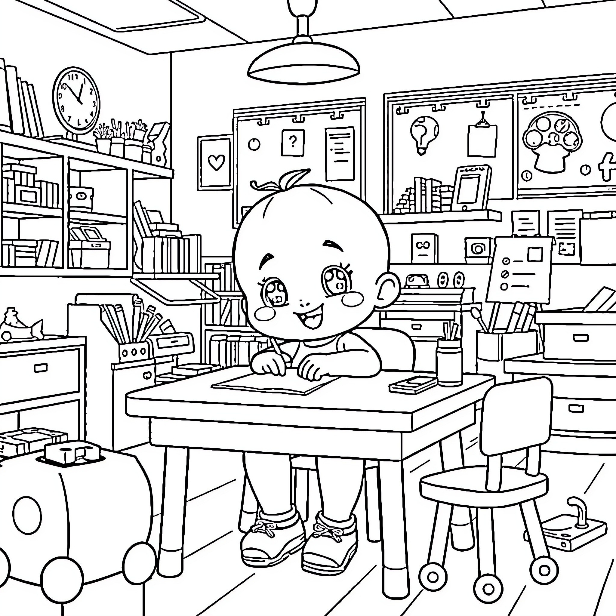 Cocomelon character in a cozy study room Coloring Page (free black-and-white line drawing printable PDF for all, from beginners to advanced learners, including children, teens, adults, and seniors)