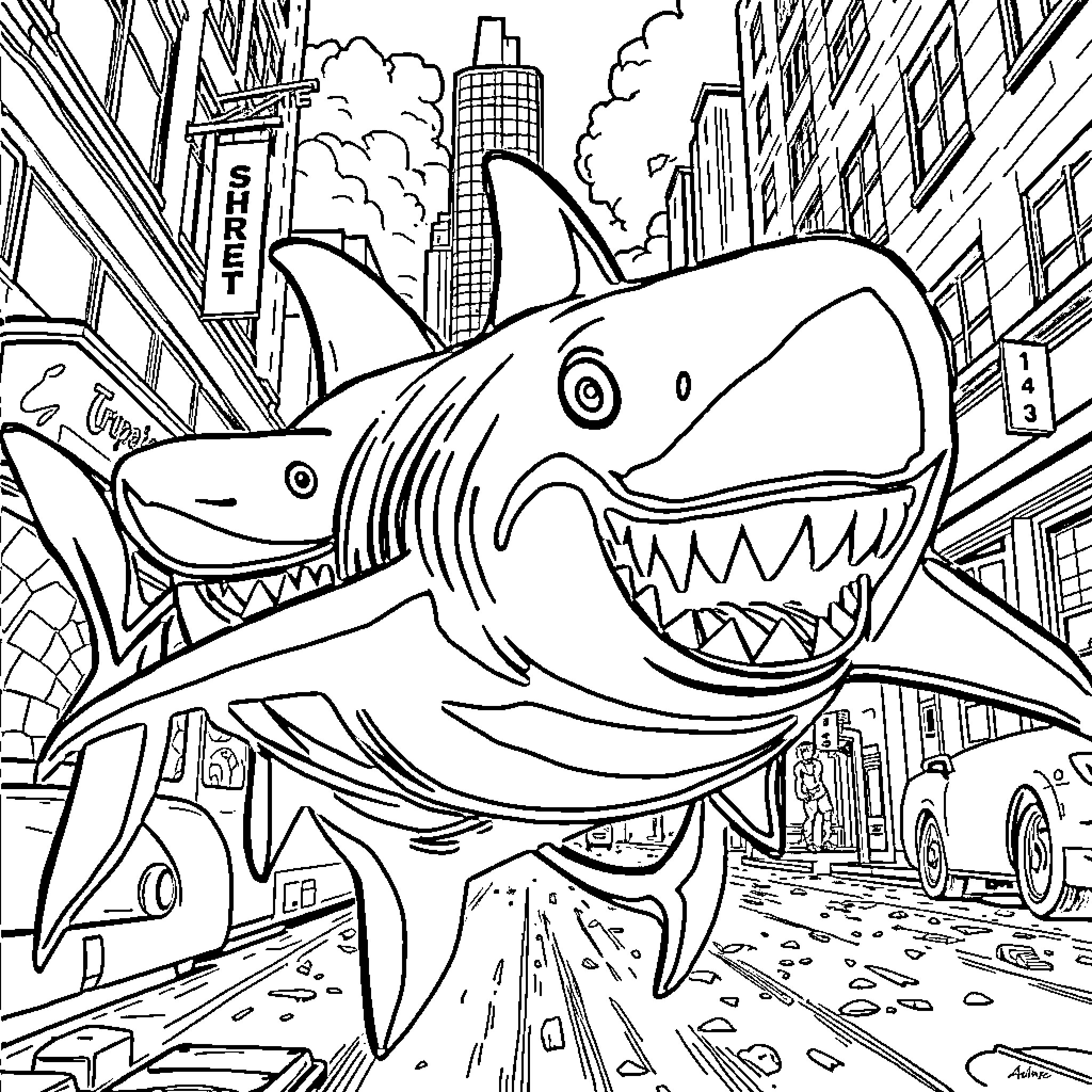 Street Shark prowling through the bustling city Coloring Page (free black-and-white line drawing printable PDF for all, from beginners to advanced learners, including children, teens, adults, and seniors)