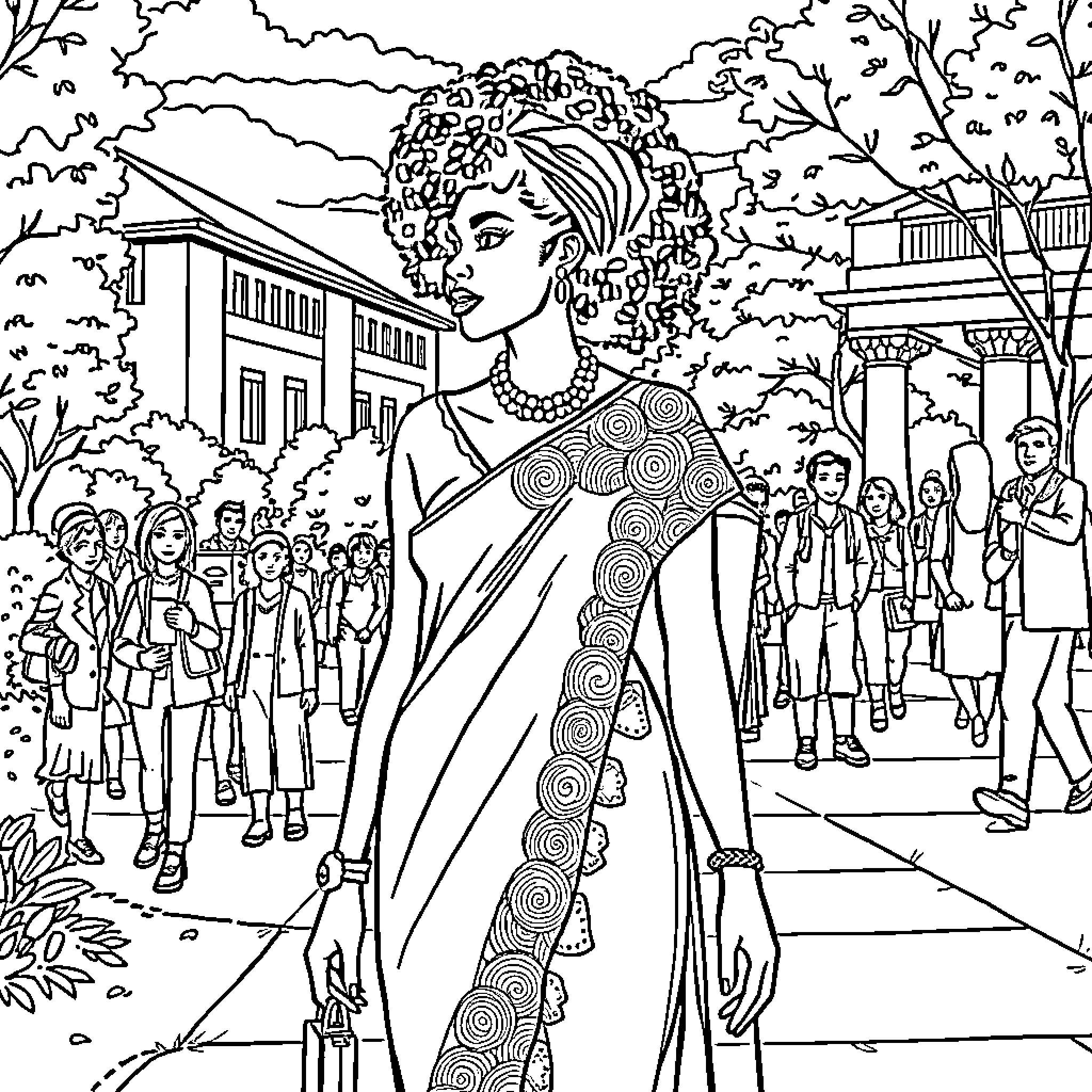 Princess embraces diversity in the community Coloring Page (free black-and-white line drawing printable PDF for all, from beginners to advanced learners, including children, teens, adults, and seniors)
