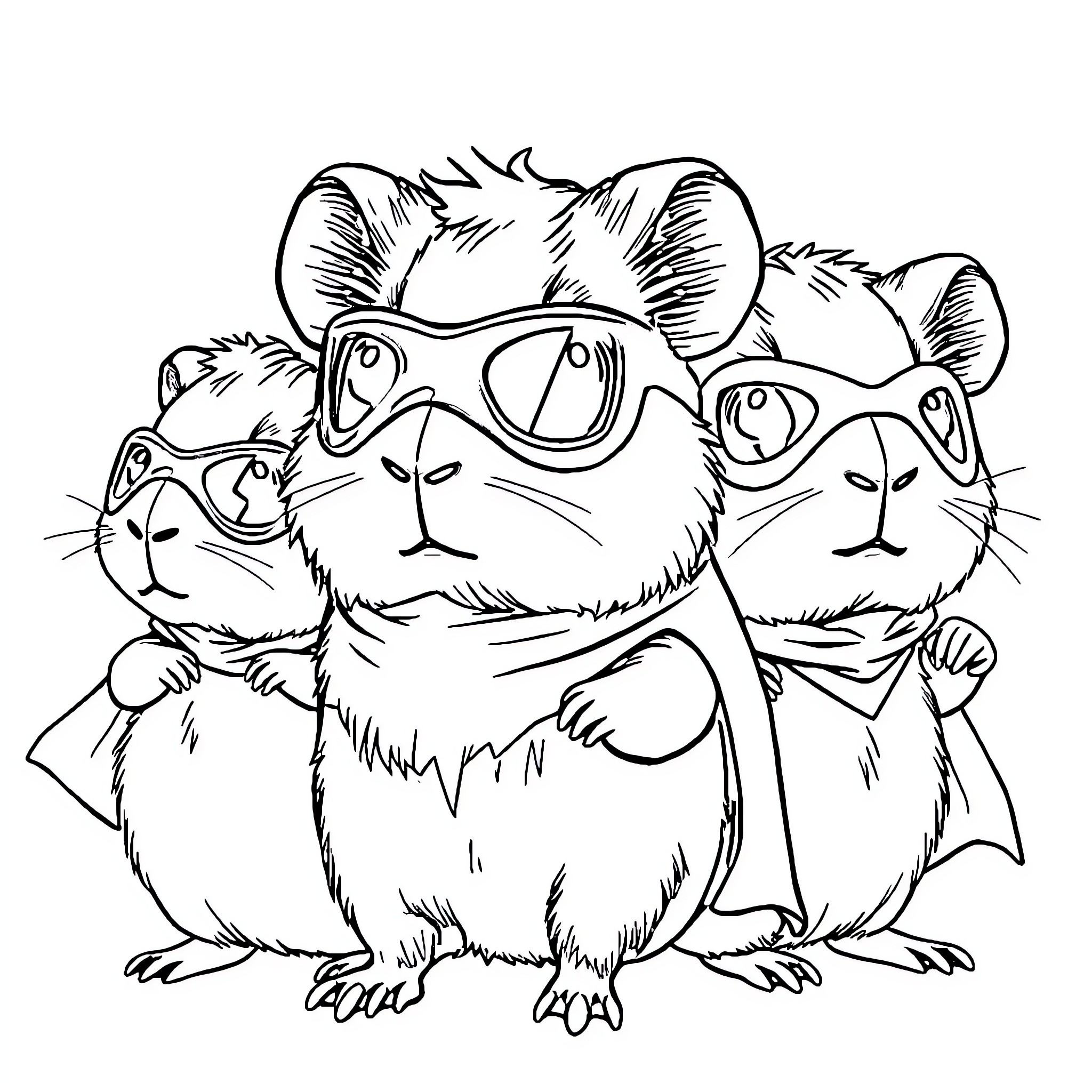 Guinea Pigs Wearing Funny Glasses Coloring Page (free black-and-white line drawing printable PDF for all, from beginners to advanced learners, including children, teens, adults, and seniors)