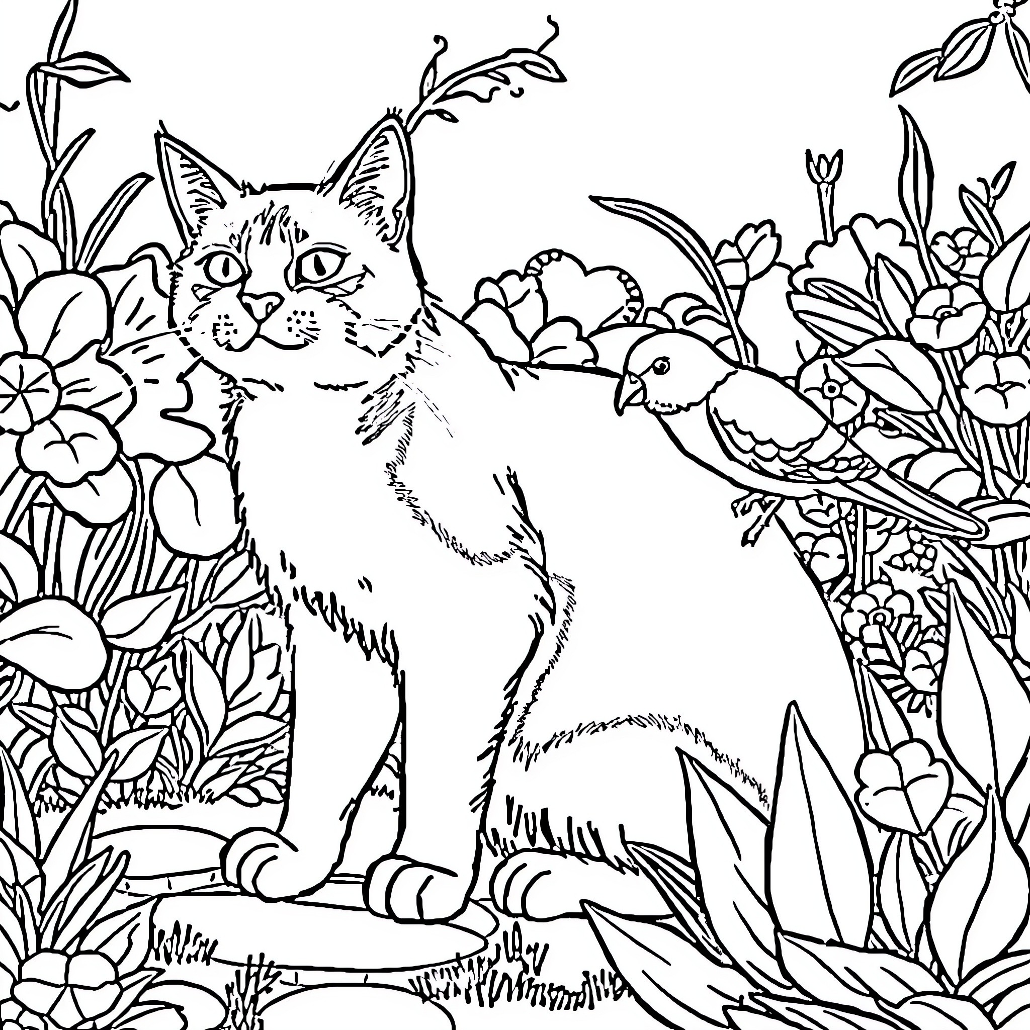 Cat Surrounded by Colorful Nature Coloring Page (free black-and-white line drawing printable PDF for all, from beginners to advanced learners, including children, teens, adults, and seniors)