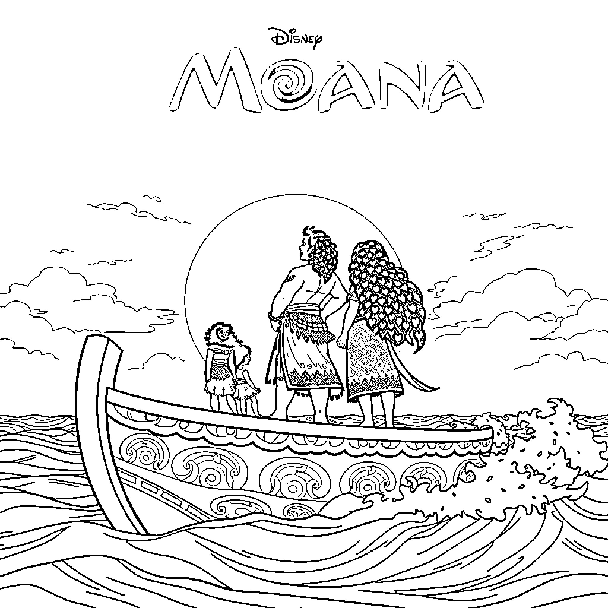 Moana exploring the ocean with her companion Coloring Page (free black-and-white line drawing printable PDF for all, from beginners to advanced learners, including children, teens, adults, and seniors)