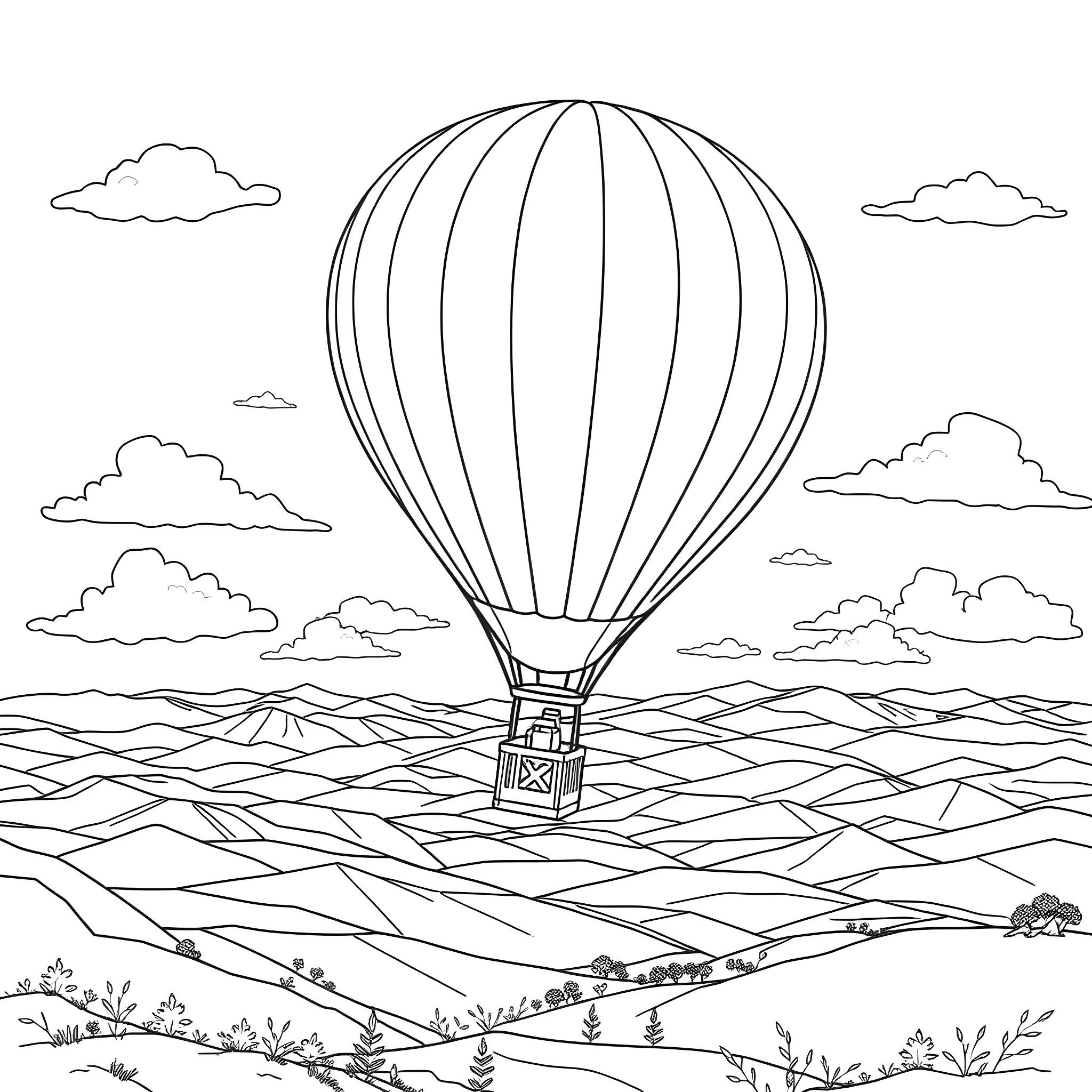 Hot Air Balloon Floating Over Scenic Landscape Coloring Page (free black-and-white line drawing printable PDF for all, from beginners to advanced learners, including children, teens, adults, and seniors)