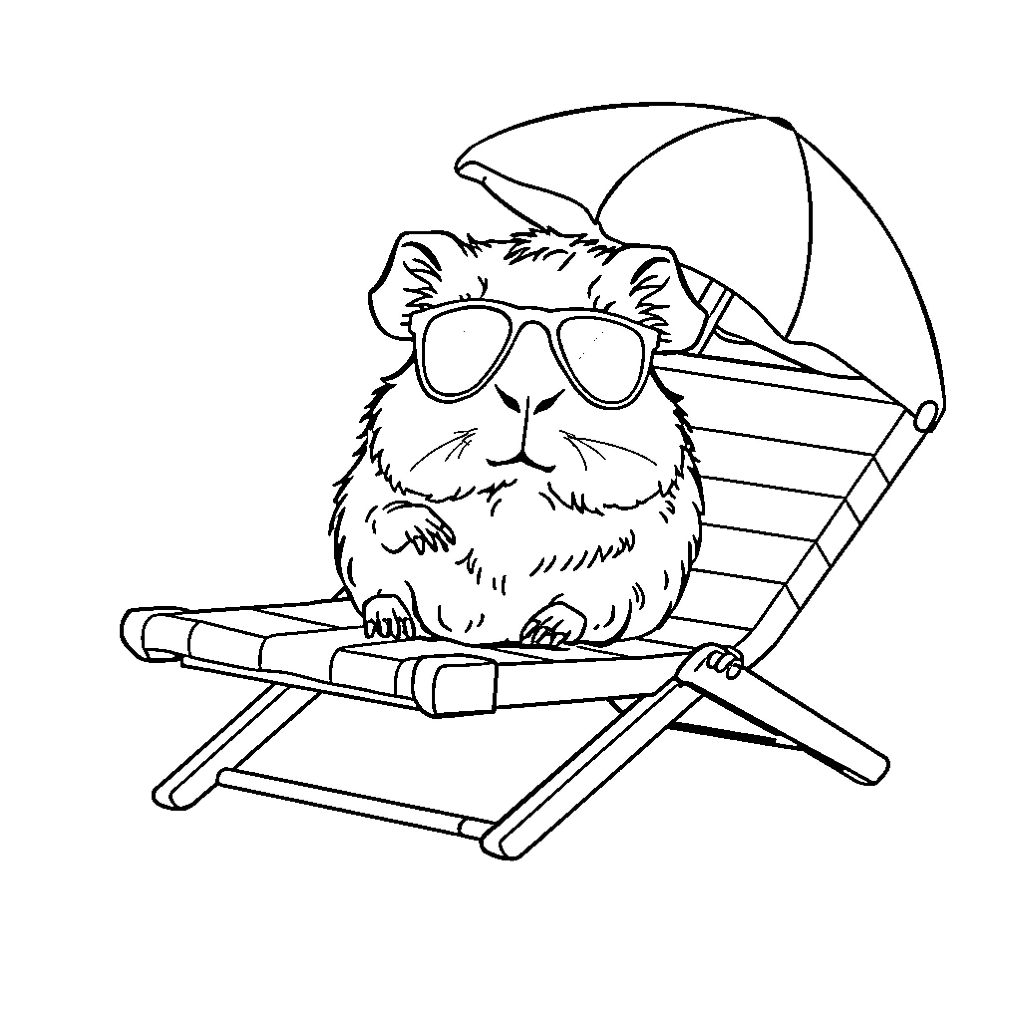 Guinea Pig relaxing in beach chair with umbrella Coloring Page (free black-and-white line drawing printable PDF for all, from beginners to advanced learners, including children, teens, adults, and seniors)