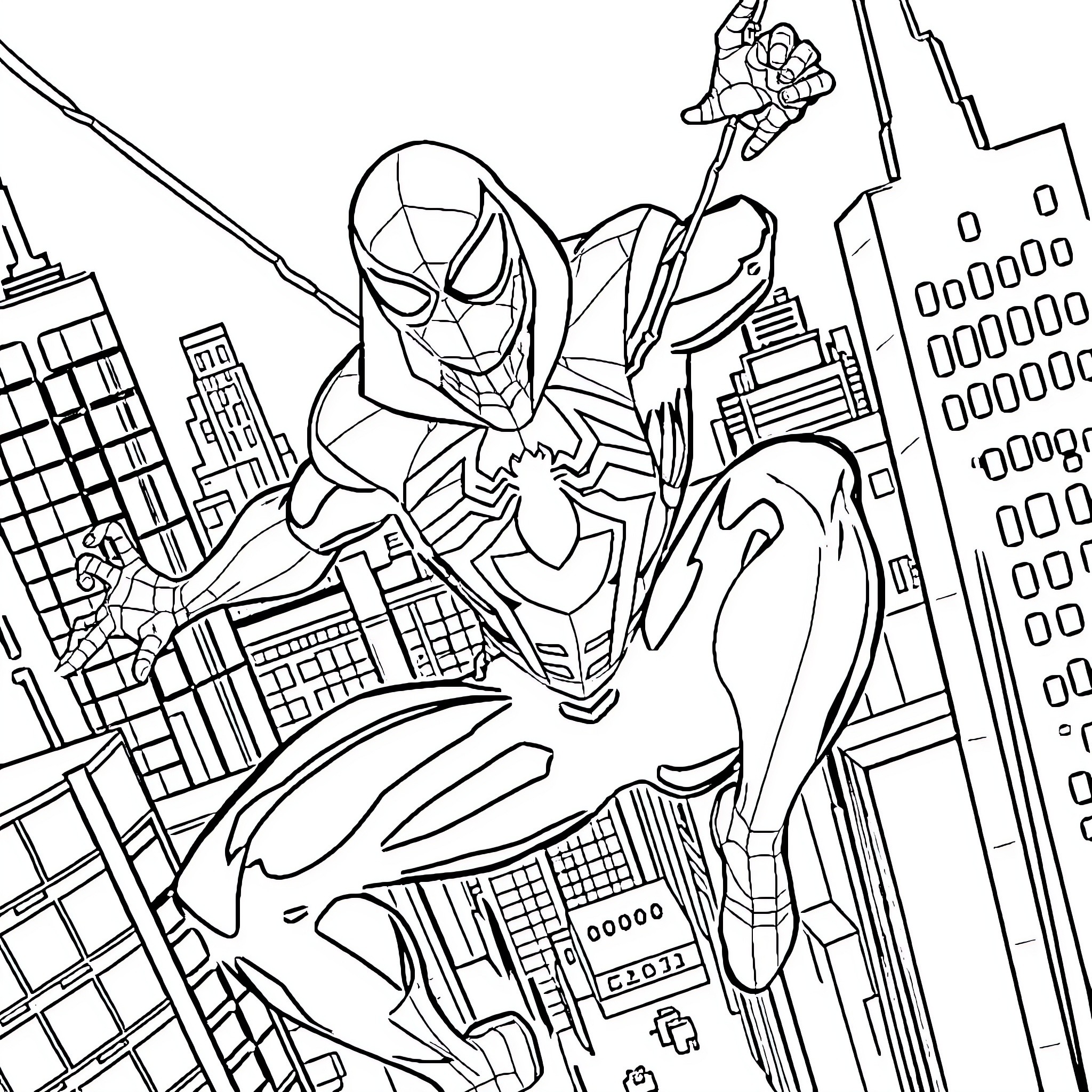 Scarlet Spider swinging through the city skyline Coloring Page (free black-and-white line drawing printable PDF for all, from beginners to advanced learners, including children, teens, adults, and seniors)