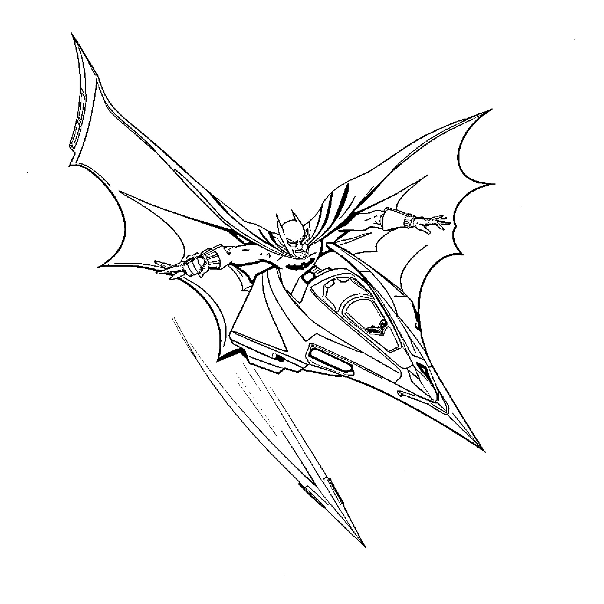 Batman soaring through the sky in battle gear Coloring Page (free black-and-white line drawing printable PDF for all, from beginners to advanced learners, including children, teens, adults, and seniors)