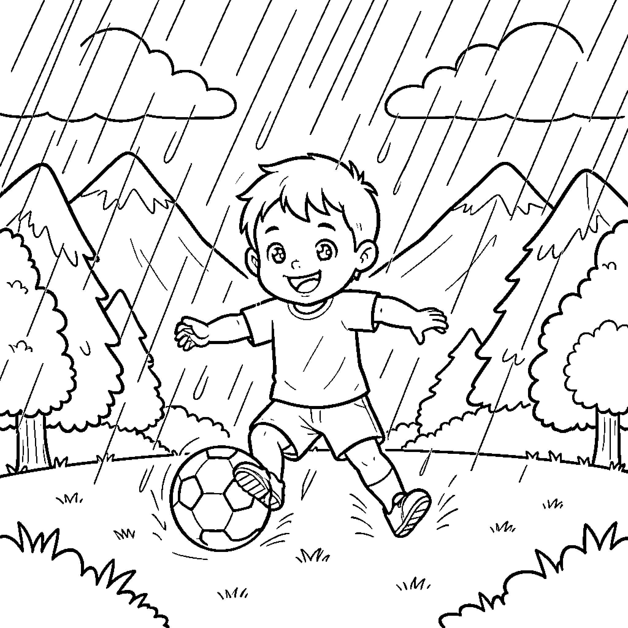 Bebe plays soccer in the rainy forest Coloring Page (free black-and-white line drawing printable PDF for all, from beginners to advanced learners, including children, teens, adults, and seniors)