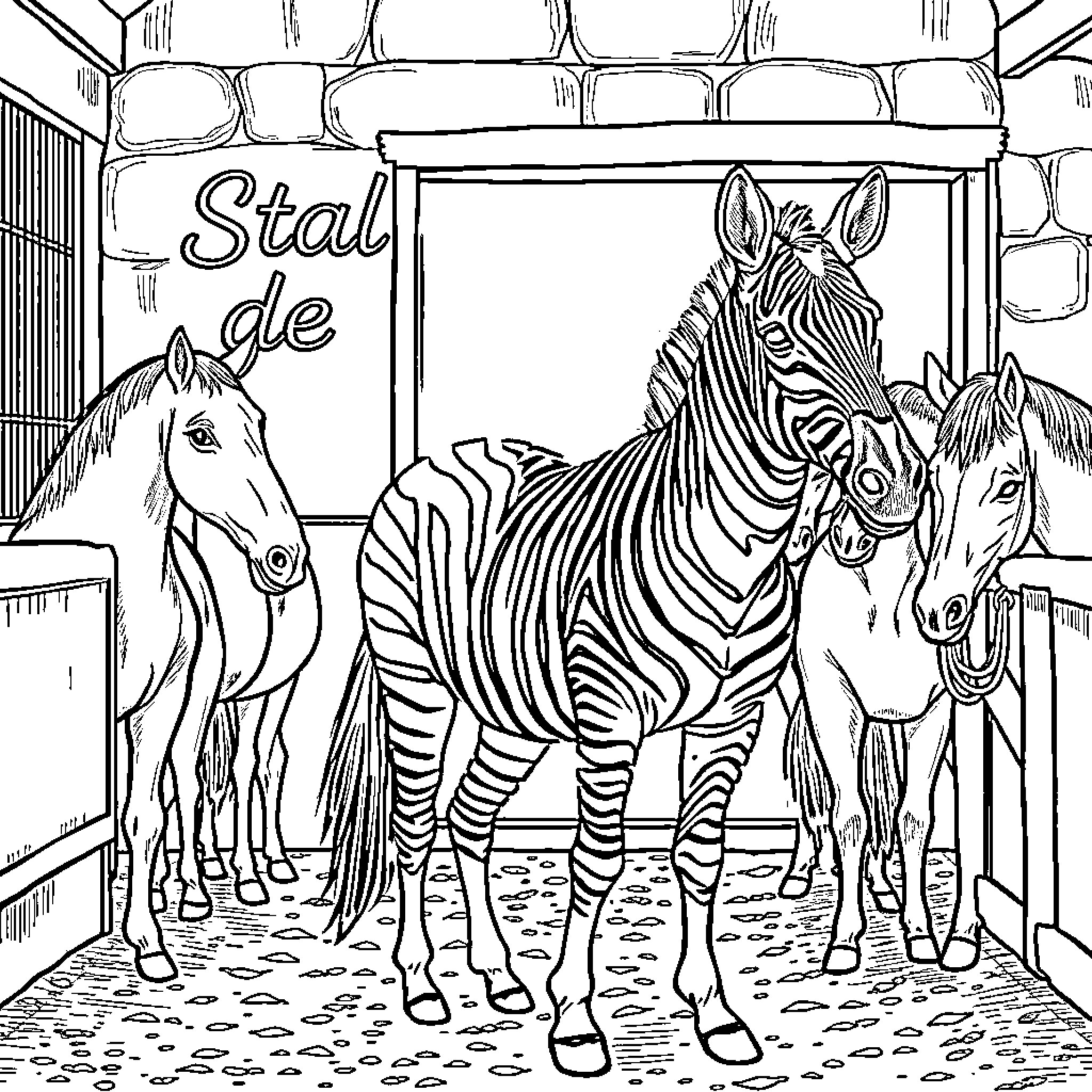 Zebra Stall at the Zoo Coloring Page (free black-and-white line drawing printable PDF for all, from beginners to advanced learners, including children, teens, adults, and seniors)