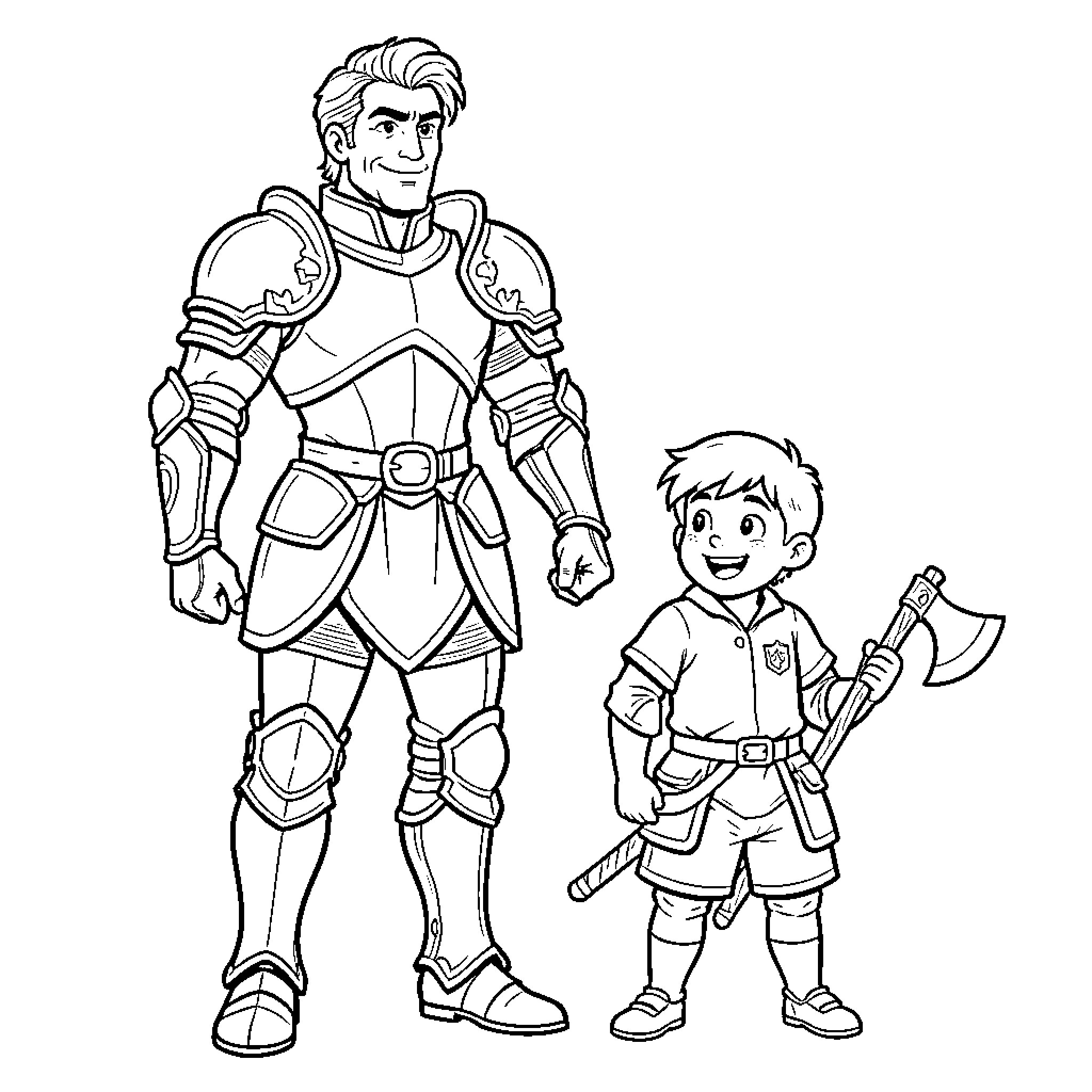 Caballero and Young Adventurer Duo Coloring Page (free black-and-white line drawing printable PDF for all, from beginners to advanced learners, including children, teens, adults, and seniors)
