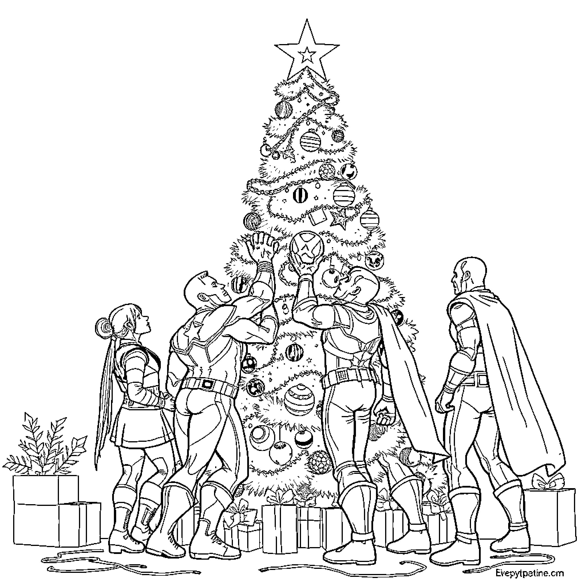 Avenger characters gather around festive Christmas tree Coloring Page (free black-and-white line drawing printable PDF for all, from beginners to advanced learners, including children, teens, adults, and seniors)