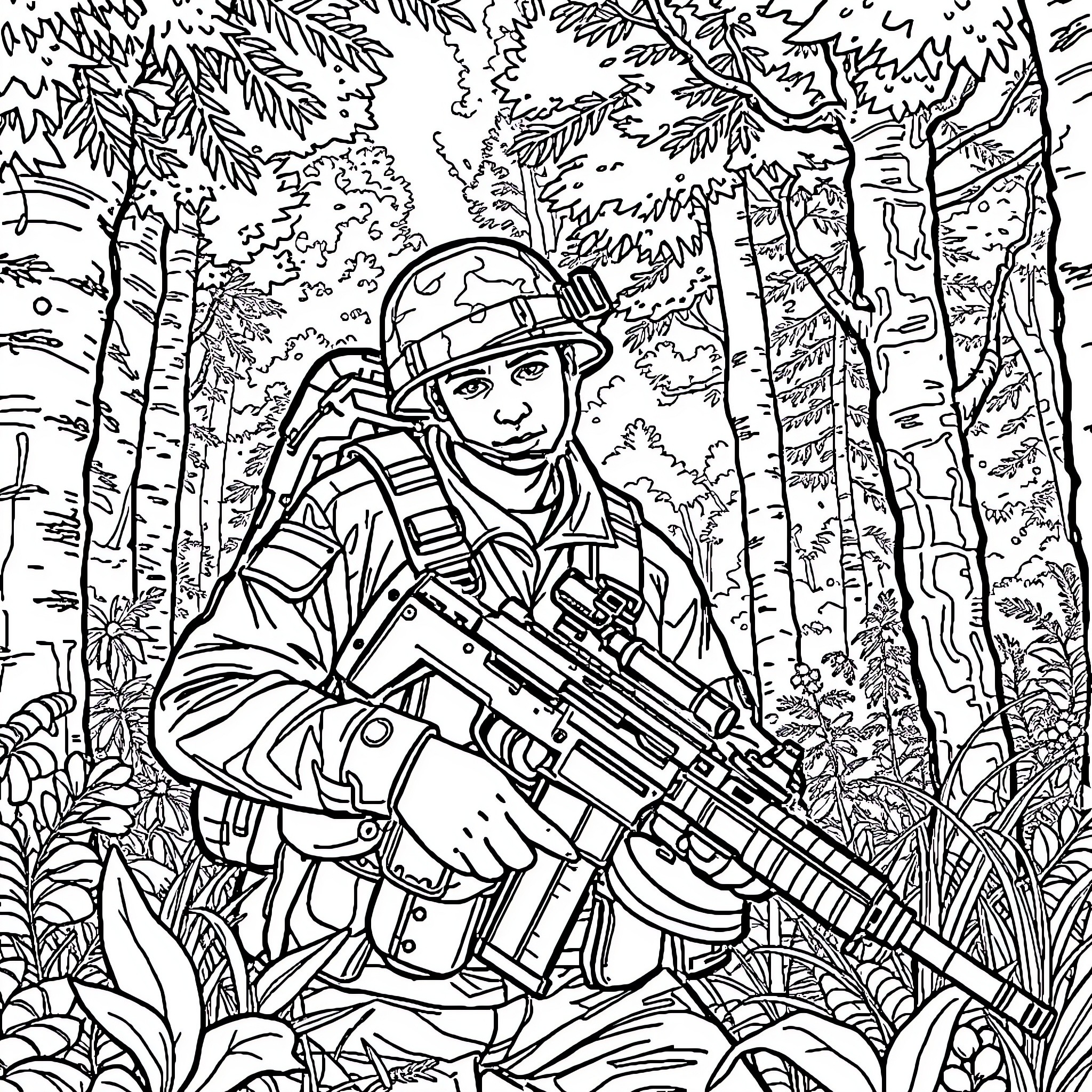 Cadet on a jungle patrol mission Coloring Page (free black-and-white line drawing printable PDF for all, from beginners to advanced learners, including children, teens, adults, and seniors)