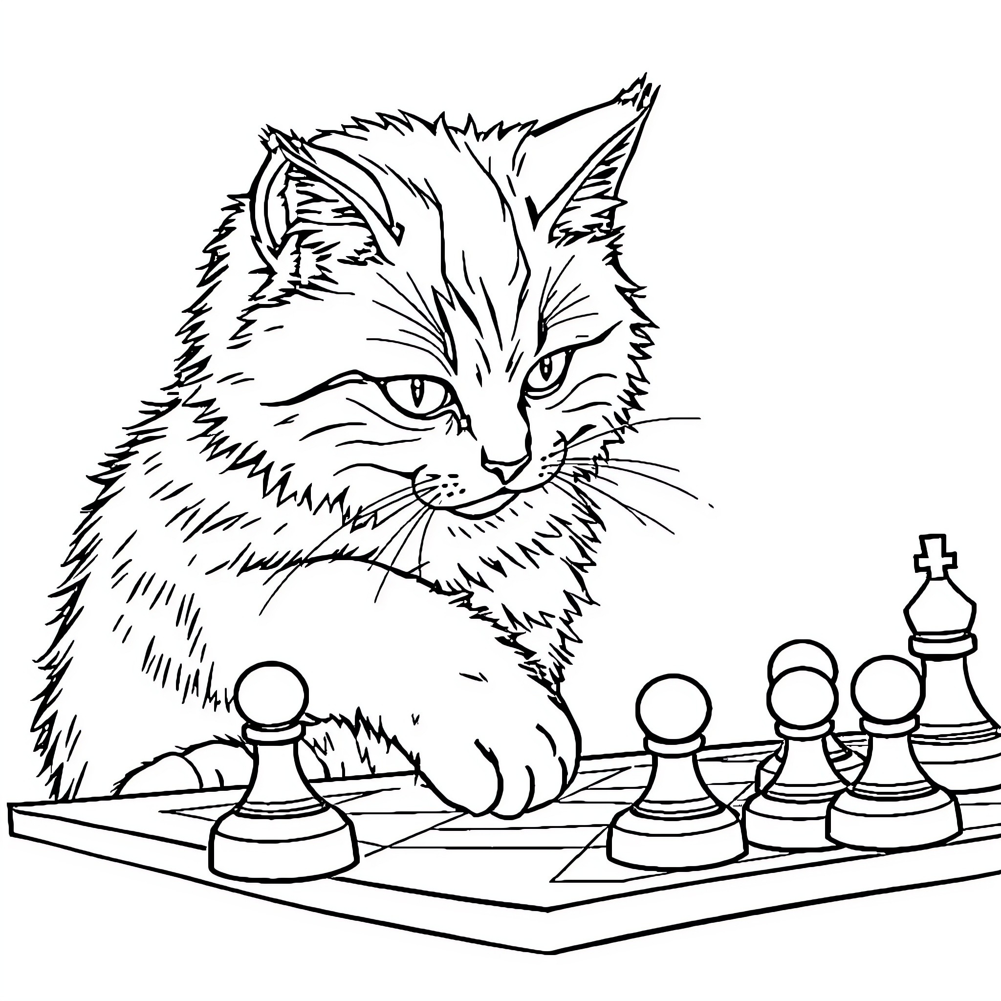 Cat playing with chess pieces Coloring Page (free black-and-white line drawing printable PDF for all, from beginners to advanced learners, including children, teens, adults, and seniors)